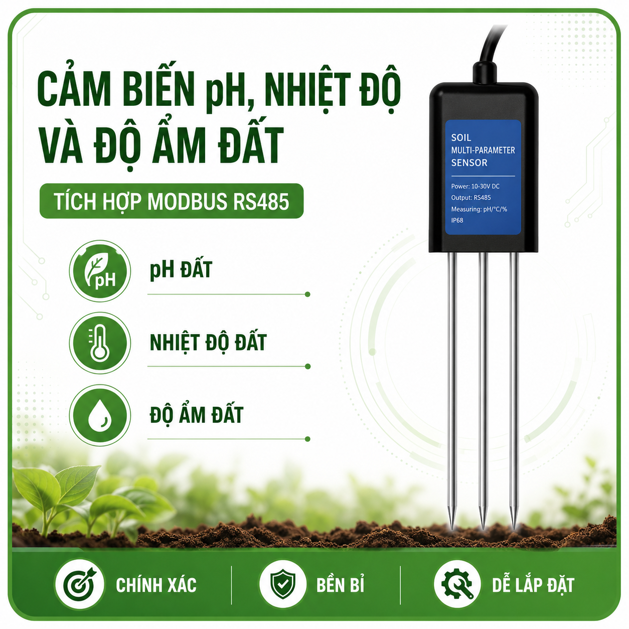 CẢM BIẾN PH NHIỆT ĐỘ ĐỘ ẨM ĐẤT RS485 MODBUS RTU - LAZICO
