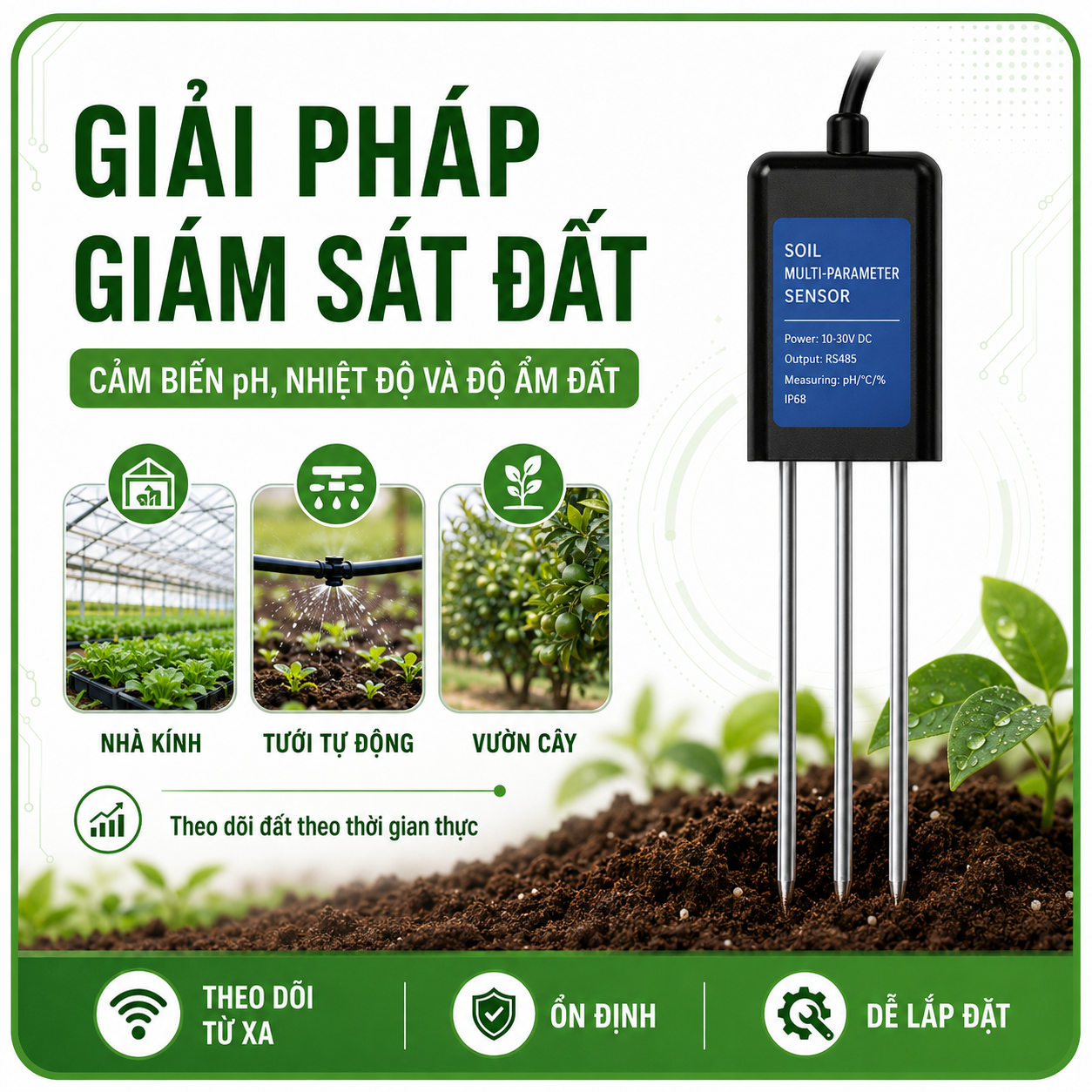 CẢM BIẾN PH NHIỆT ĐỘ ĐỘ ẨM ĐẤT RS485 MODBUS RTU - LAZICO