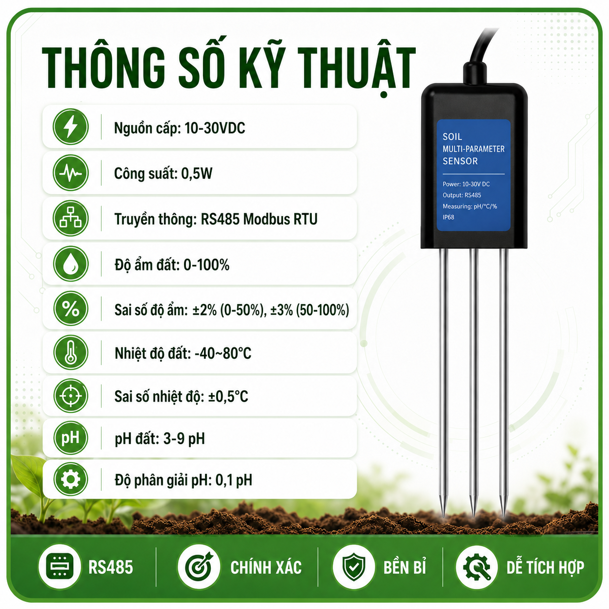 CẢM BIẾN PH NHIỆT ĐỘ ĐỘ ẨM ĐẤT RS485 MODBUS RTU - LAZICO