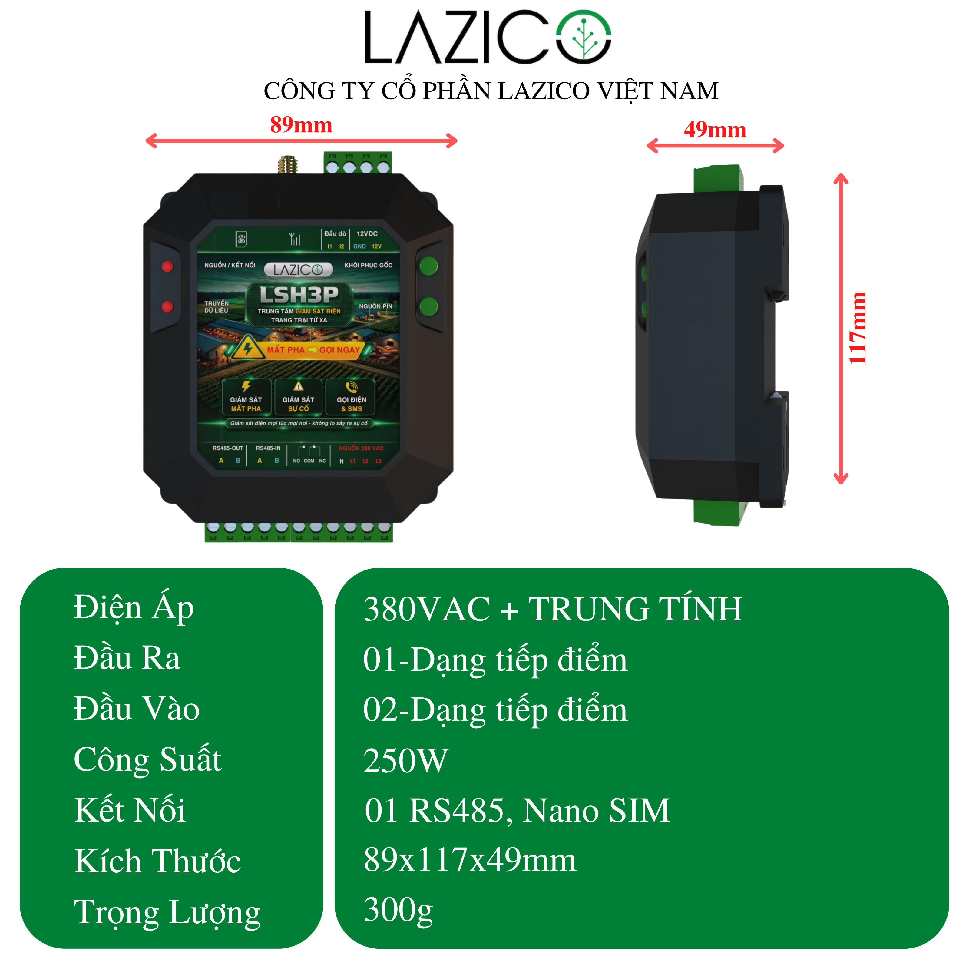 LSH3P – Bộ giám sát điện 3 pha trung tâm cho trang trại nhiều khu (mở rộng node RS485)