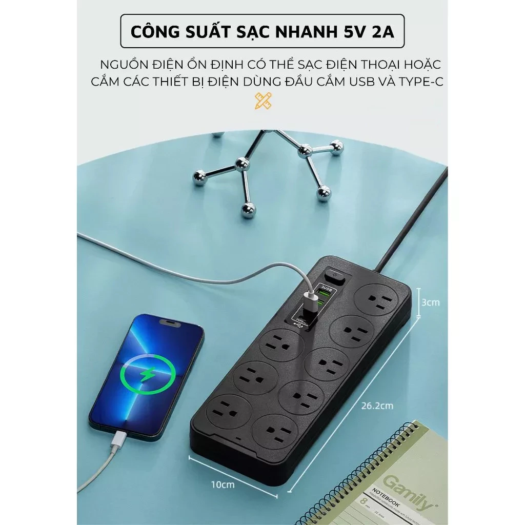Ổ điện 8 cổng kèm 3 ổ USB