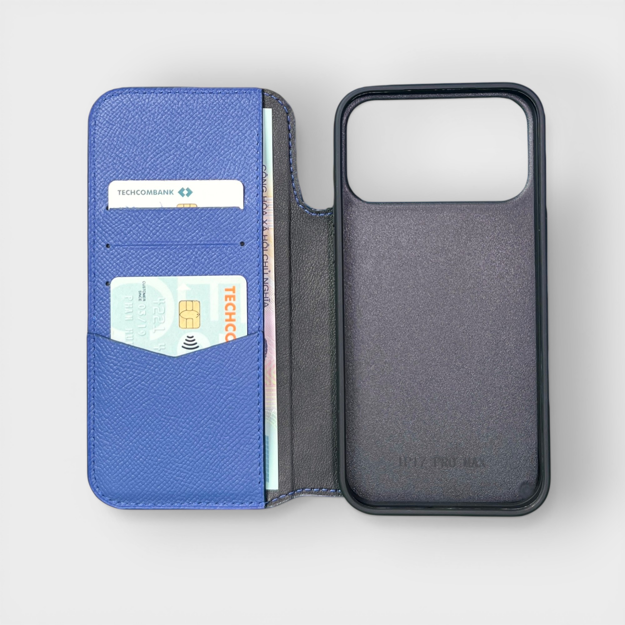 LS0049 - Bao da thủ công viền đen Flip - Epsom - E4 Xanh - 17 Pro
