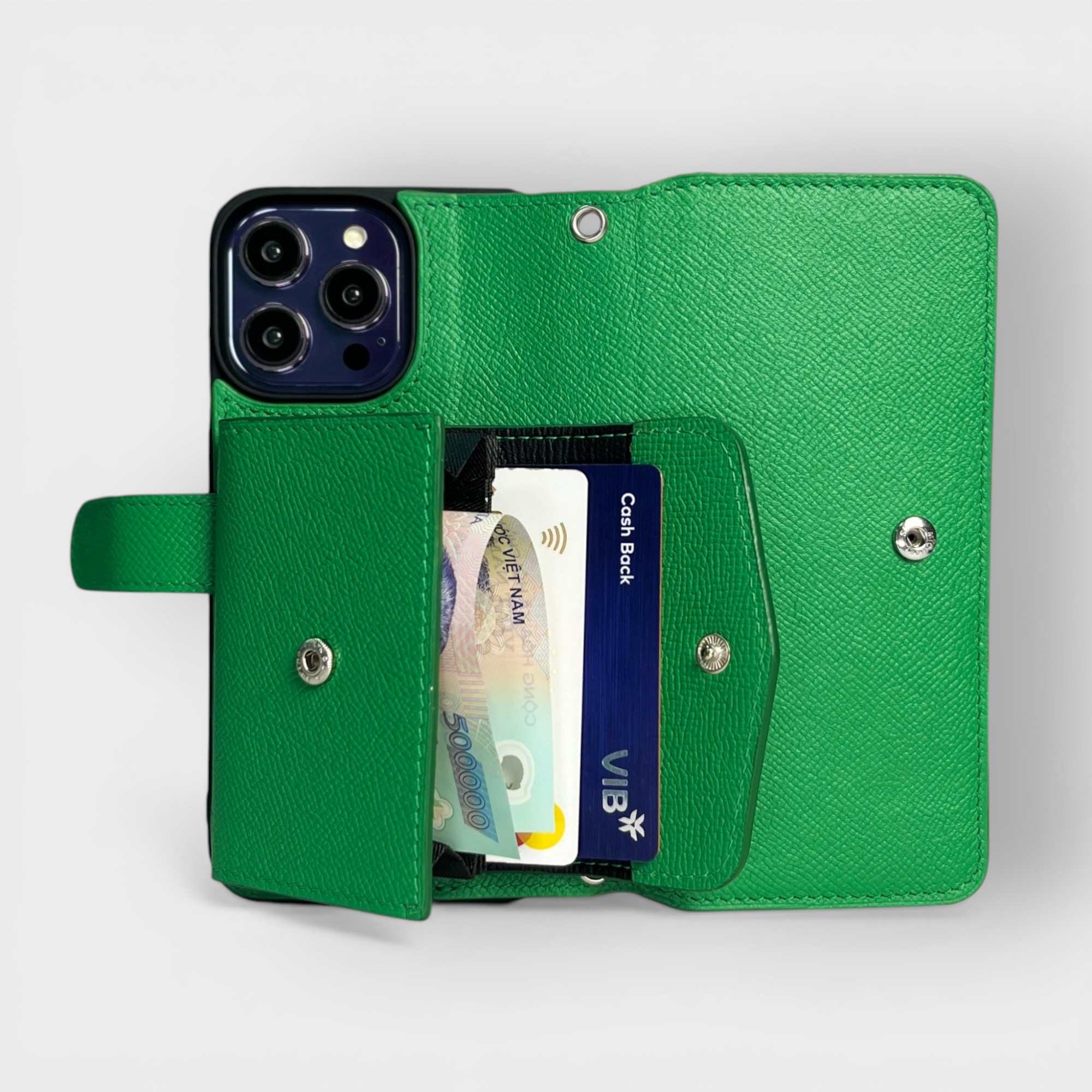 LS0080 - Bao da thủ công viền đen Flip kèm ví Zip quai cài kèm dây đeo - Epsom - E7 Xanh lá - 16 Promax