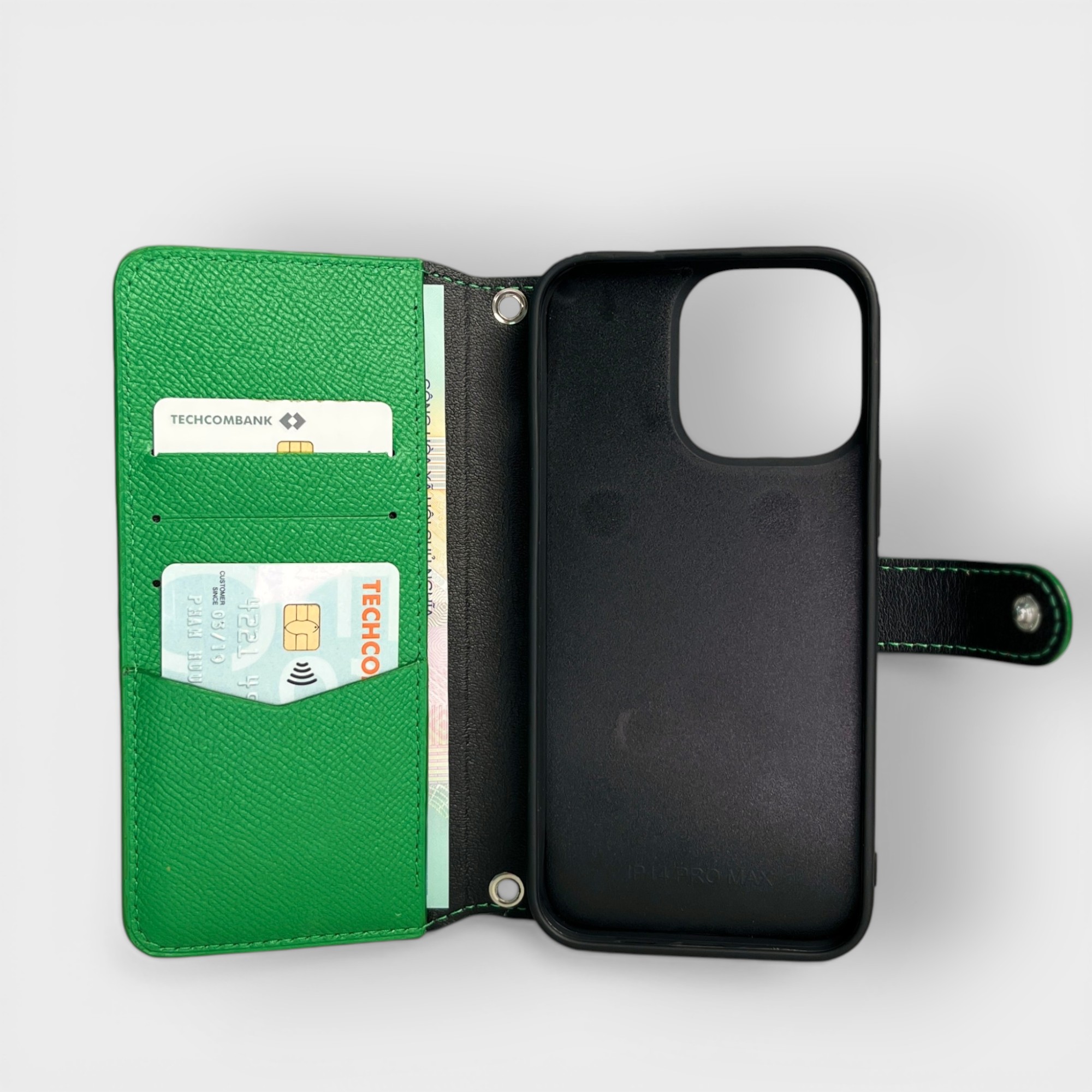 LS0080 - Bao da thủ công viền đen Flip kèm ví Zip quai cài kèm dây đeo - Epsom - E7 Xanh lá - 16 Promax