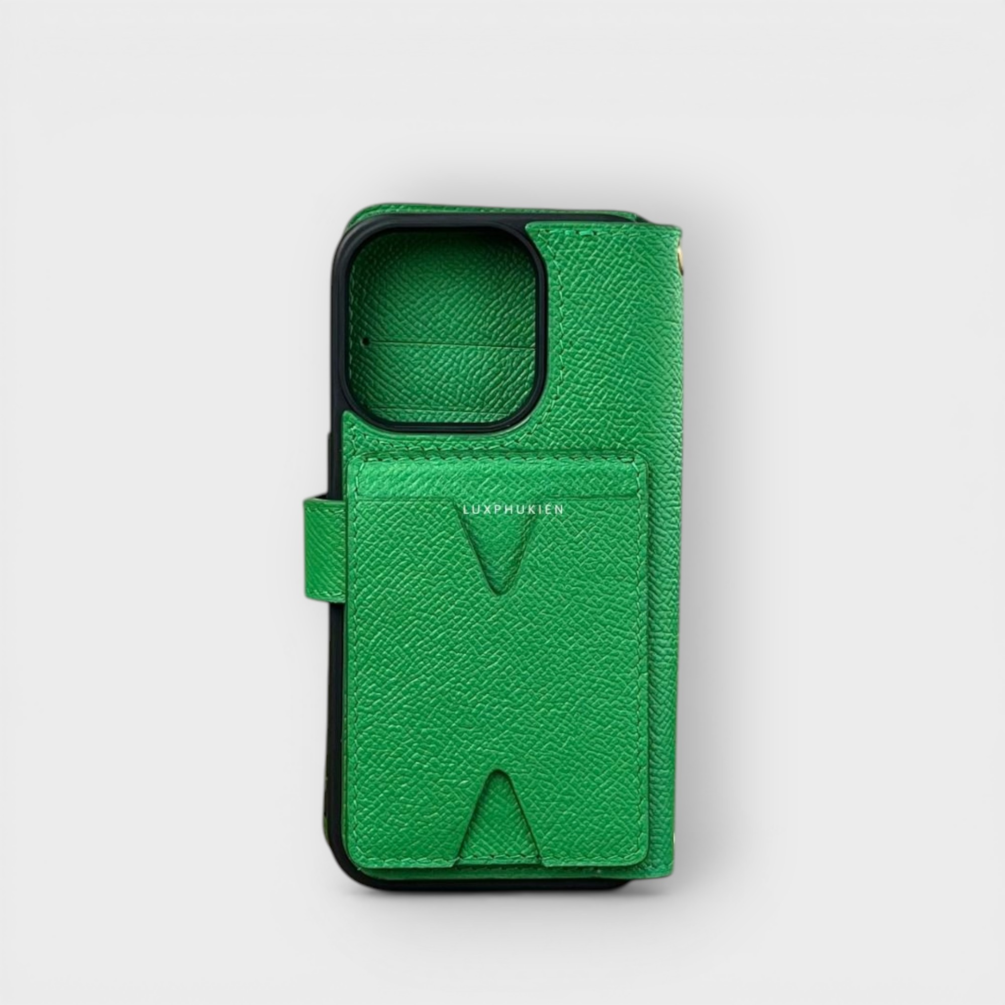 LS0081 - Bao da thủ công viền đen Flip kèm Kane khe thẻ dọc dựng quai cài kèm dây đeo - Epsom - E7 Xanh lá - 16 Promax