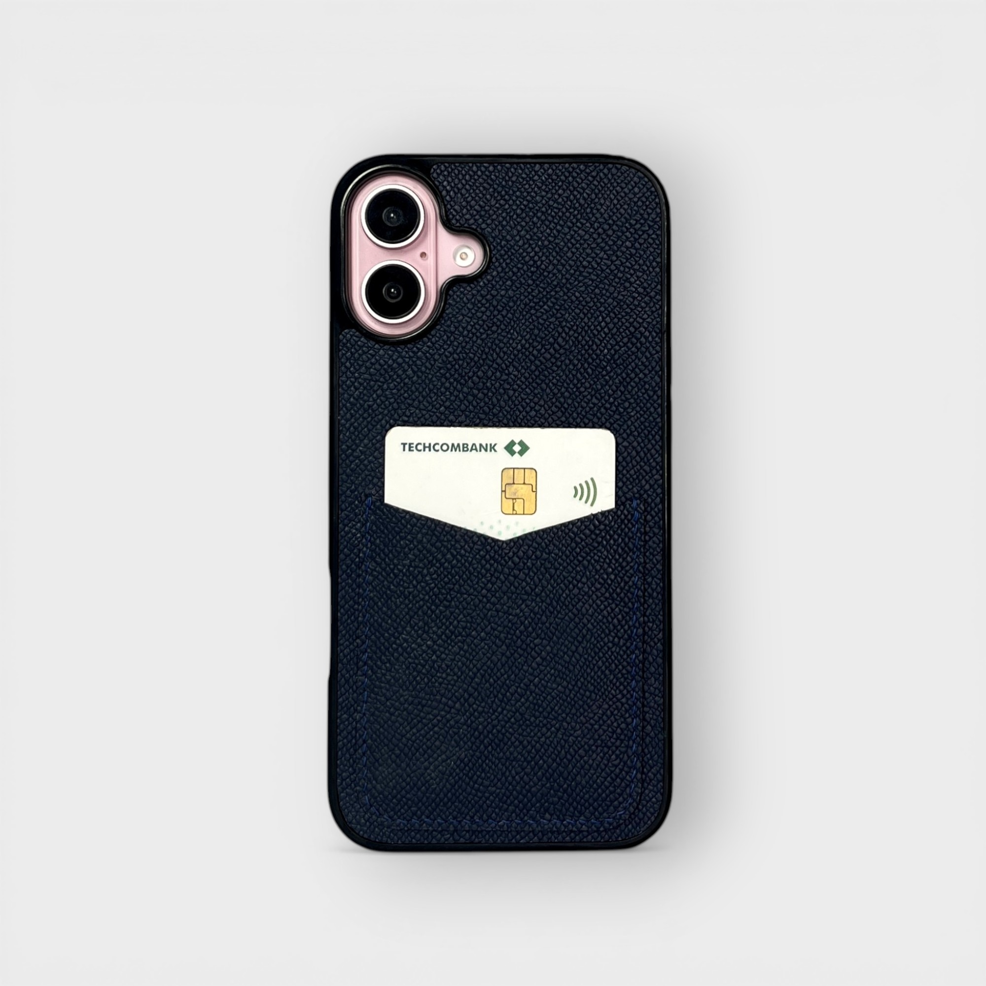 LS0096 - Ốp da thủ công viền đen khe thẻ dọc - Epsom - E3 Xanh navy - 16 Plus