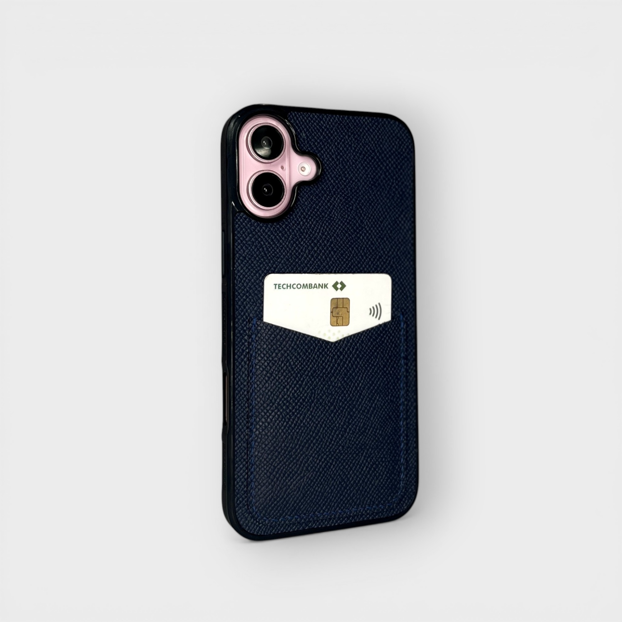 LS0096 - Ốp da thủ công viền đen khe thẻ dọc - Epsom - E3 Xanh navy - 16 Plus