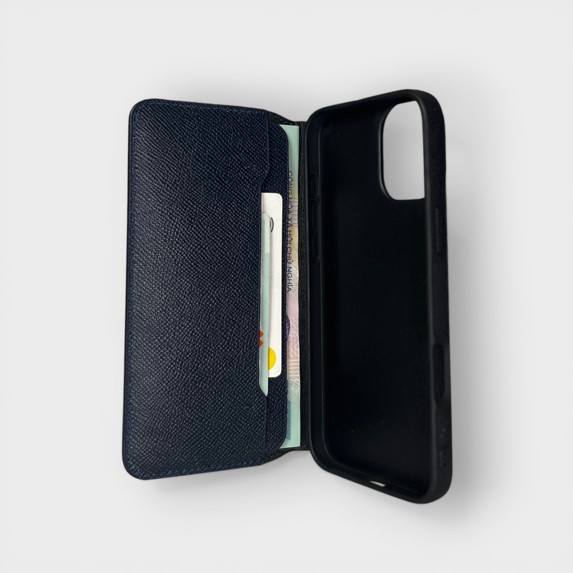 LS0101 - Bao da thủ công viền đen Flip ngăn ngang - Epsom - E3 Xanh navy - 16 Plus