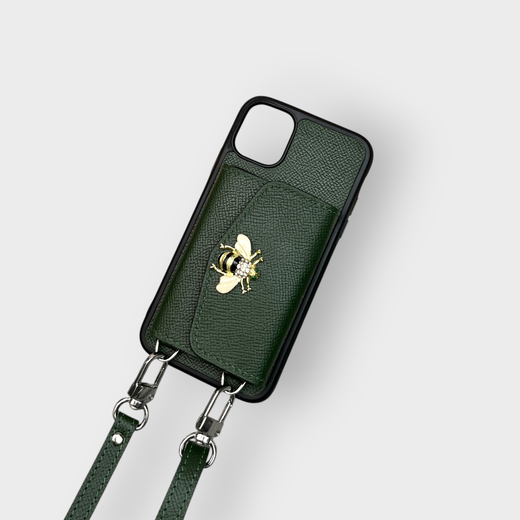 LS0122 - Ốp da thủ công viền đen ví Zip kèm dây đeo - Epsom - E6 Xanh rêu - 14 Promax