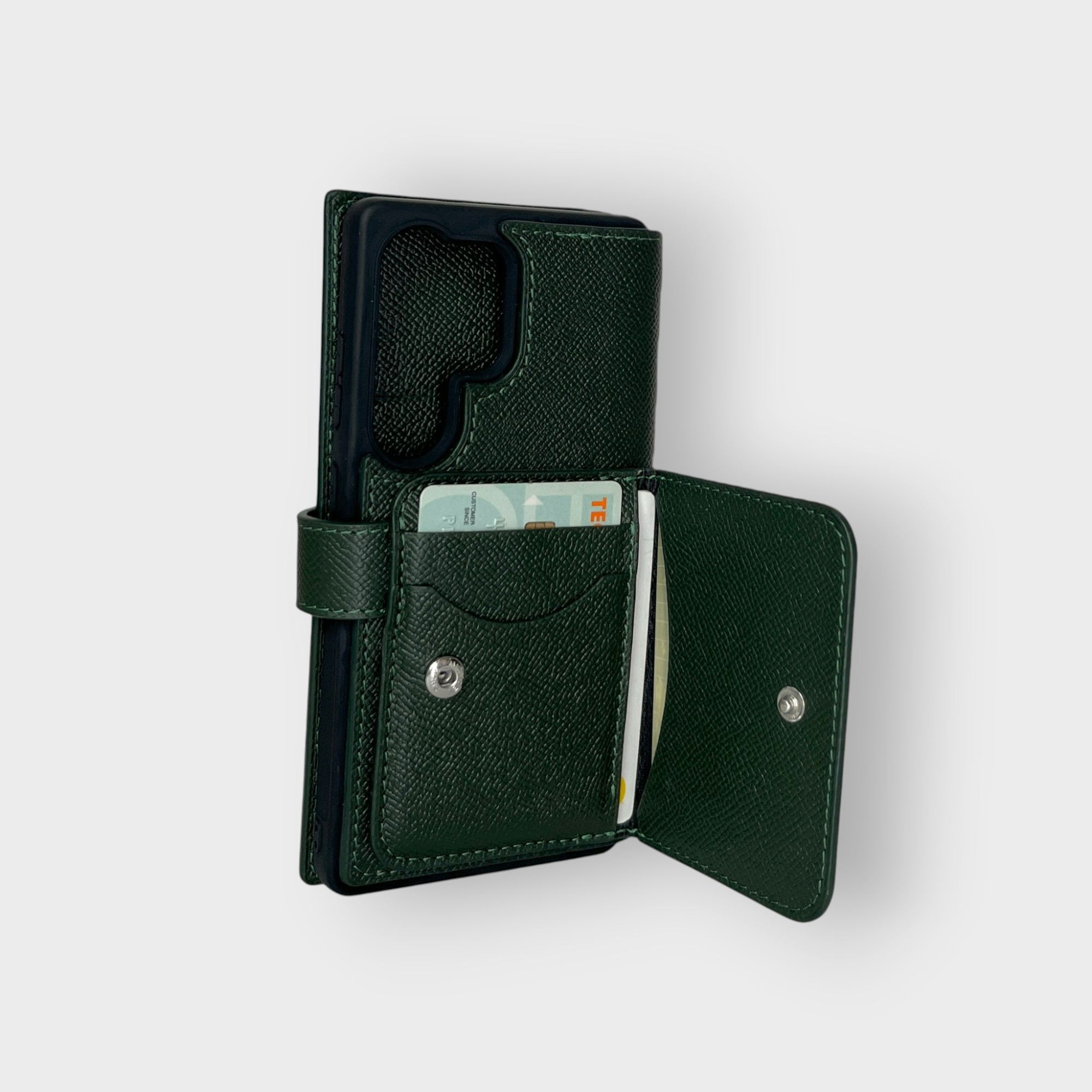 LS0162 - Bao da thủ công viền đen Flip kèm ví Mini quai cài kèm dây đeo - Epsom - E6 Xanh rêu - S25 Ultra