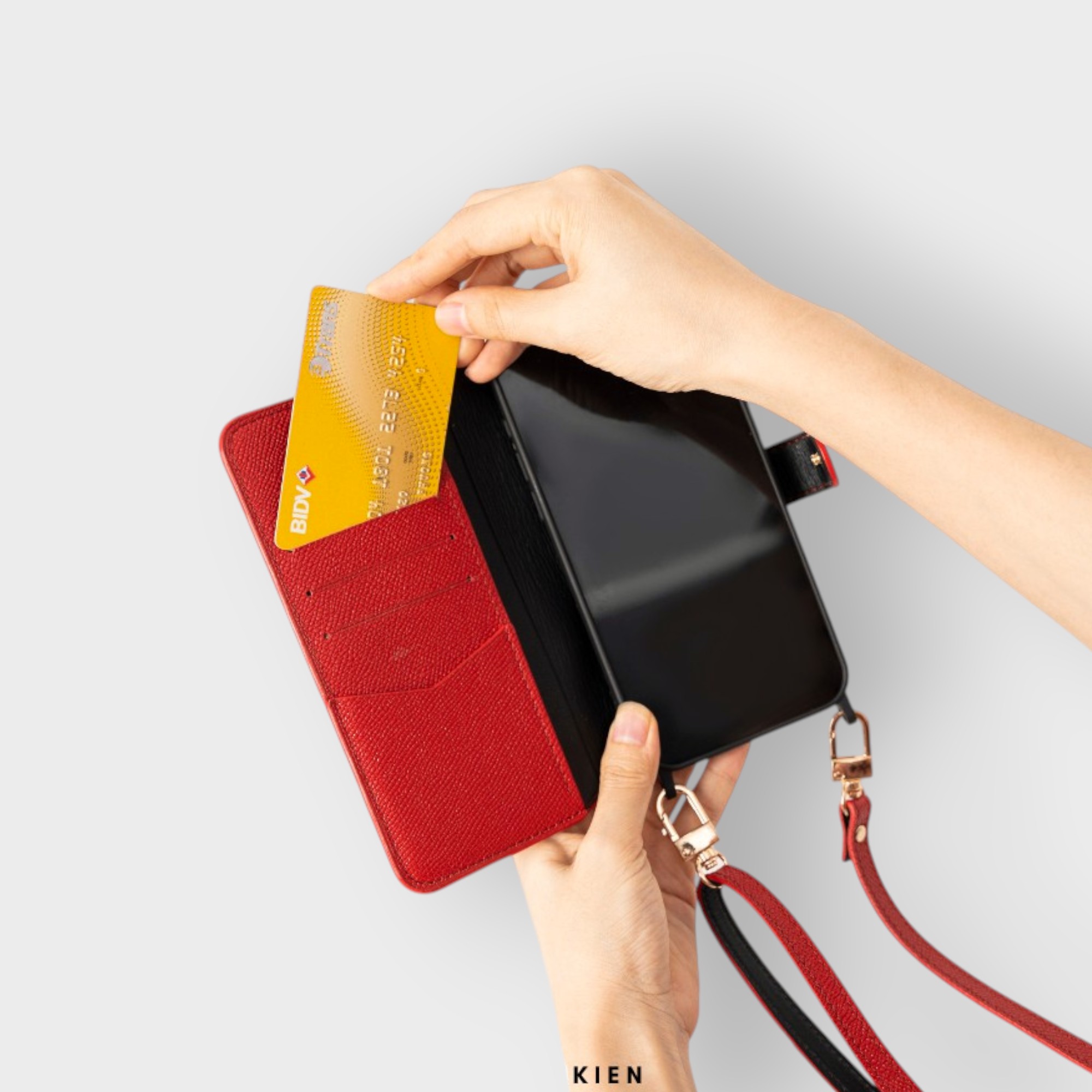 LS0170 - Bao da thủ công viền moca Flip quai cài kèm dây đeo - Epsom - E9 Đỏ đô - 15 Promax