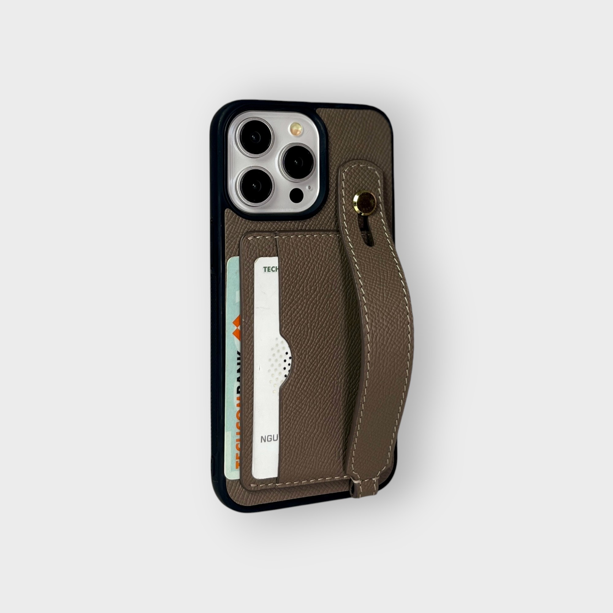 LS0192 - Ốp da thủ công viền đen 2 khe thẻ handstrap - Epsom - E15 Nâu tây - 15 Promax