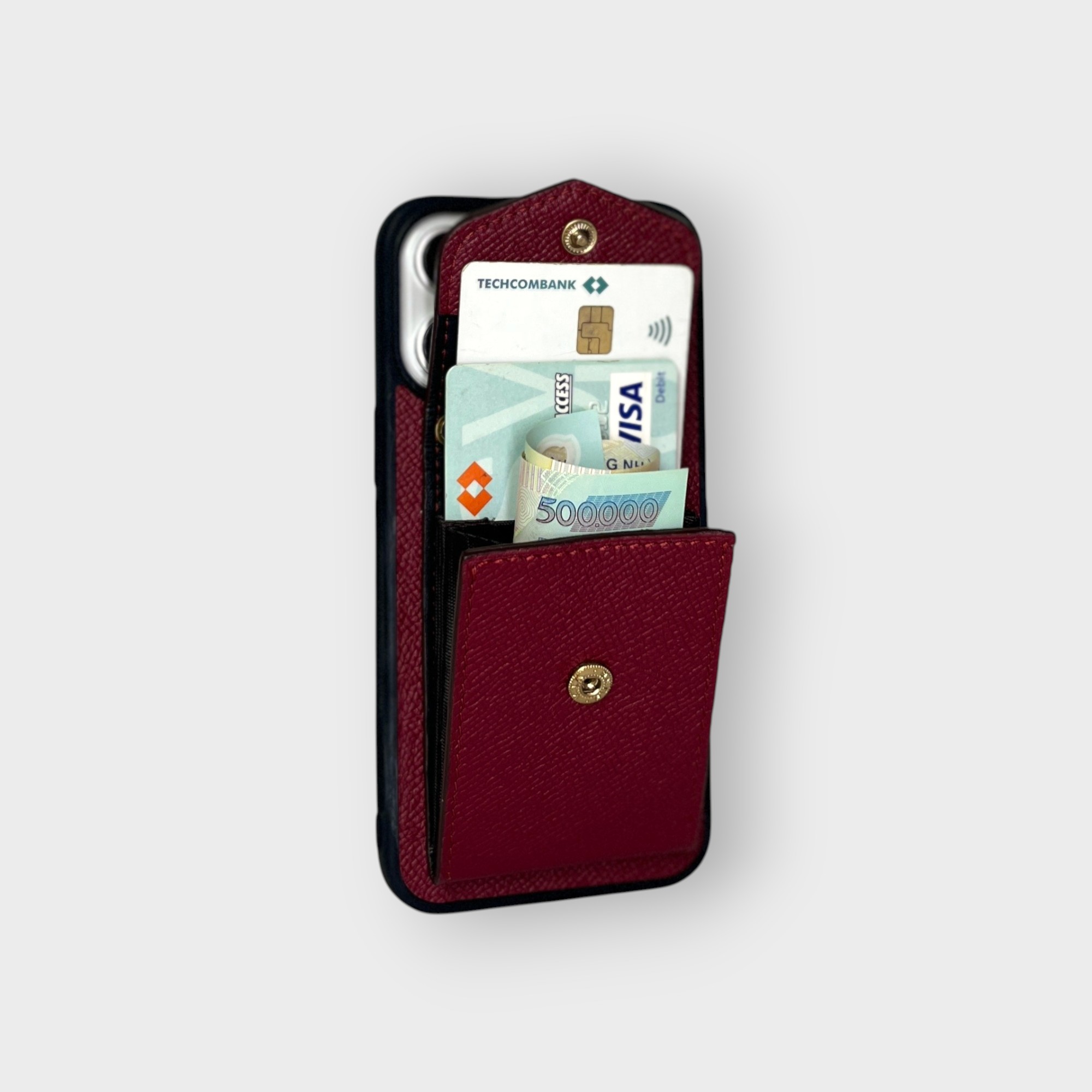 LS0200 - Ốp da thủ công viền đen ví Lisa kèm dây đeo - Epsom - E8 Đỏ mận - 15 Promax
