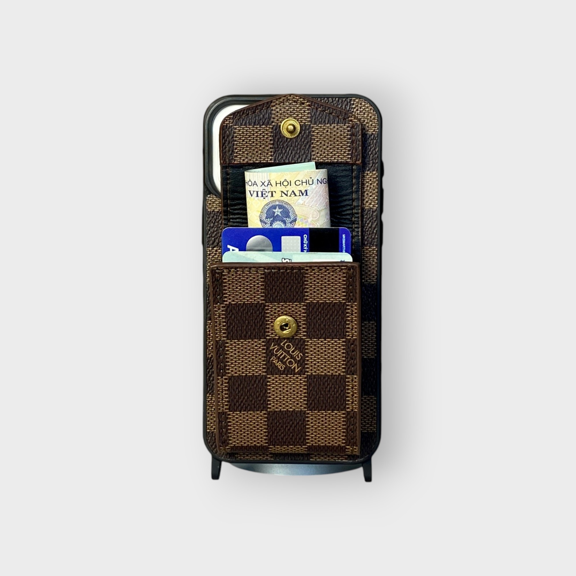 LS0241 - Ốp da thủ công viền moca ví Lisa kèm dây đeo - LV - LV5 Caro nâu - 15 Promax