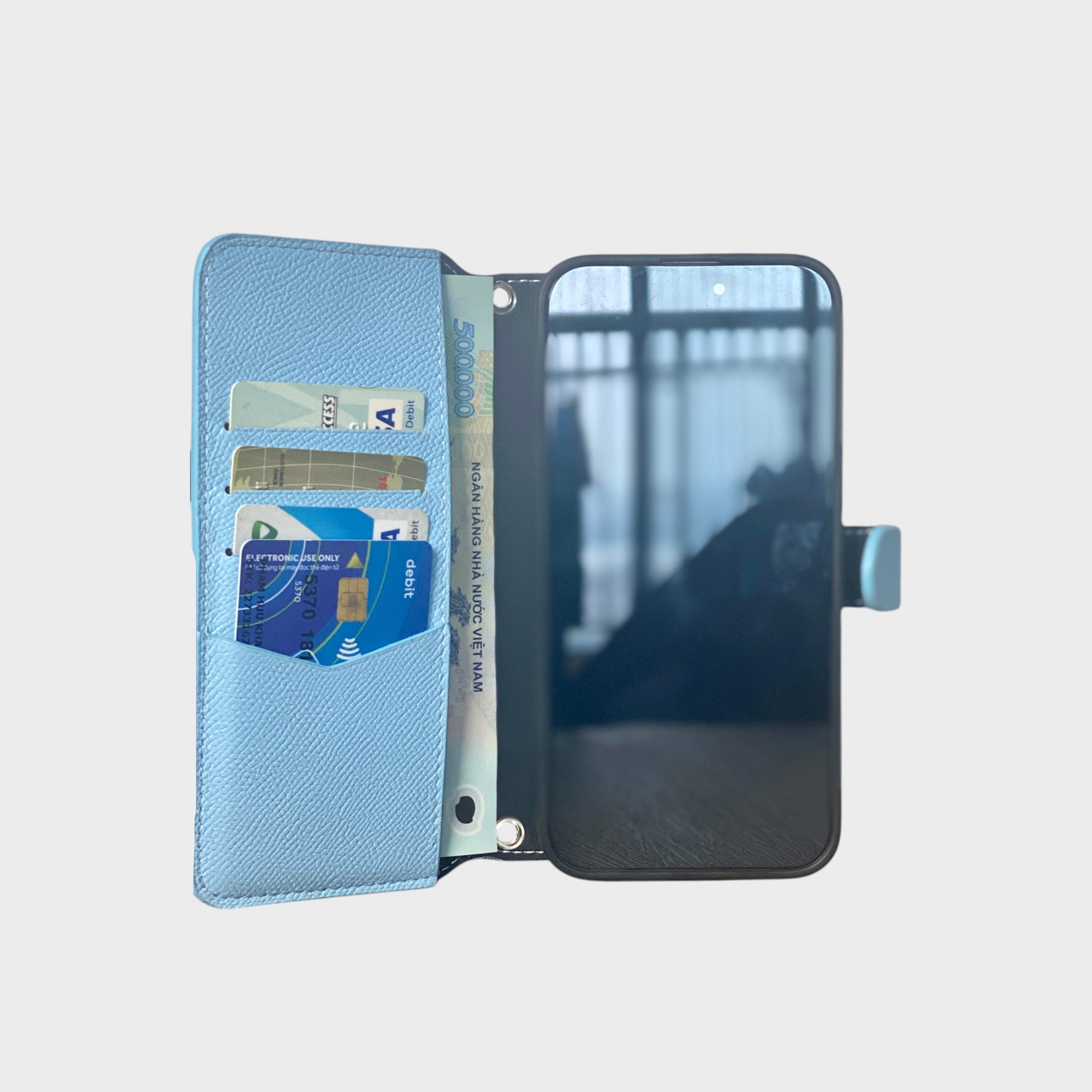 LS0255 - Bao da thủ công viền đen Flip quai cài kèm dây đeo - Epsom - E23 Xanh sierra - 15 Promax
