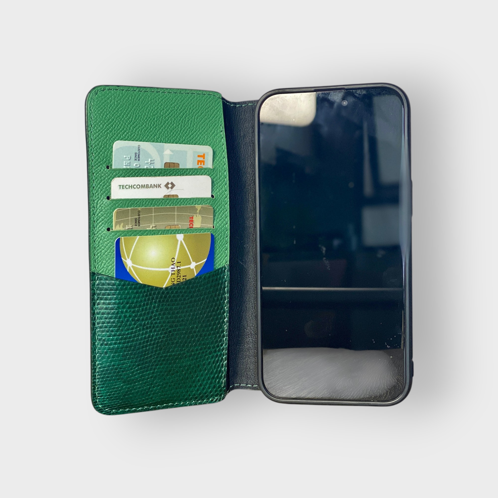 LS0258 - Bao da thủ công viền đen Flip - Kì đà - KĐ6 Xanh lá - 15 Promax