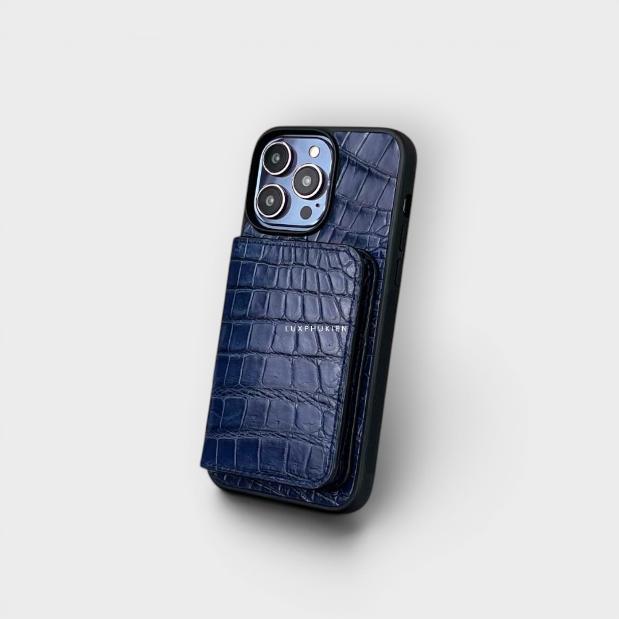 LS0264 - Ốp da thủ công viền đen ví Mini - Cá sấu - CS2 Xanh navy - 15 Promax