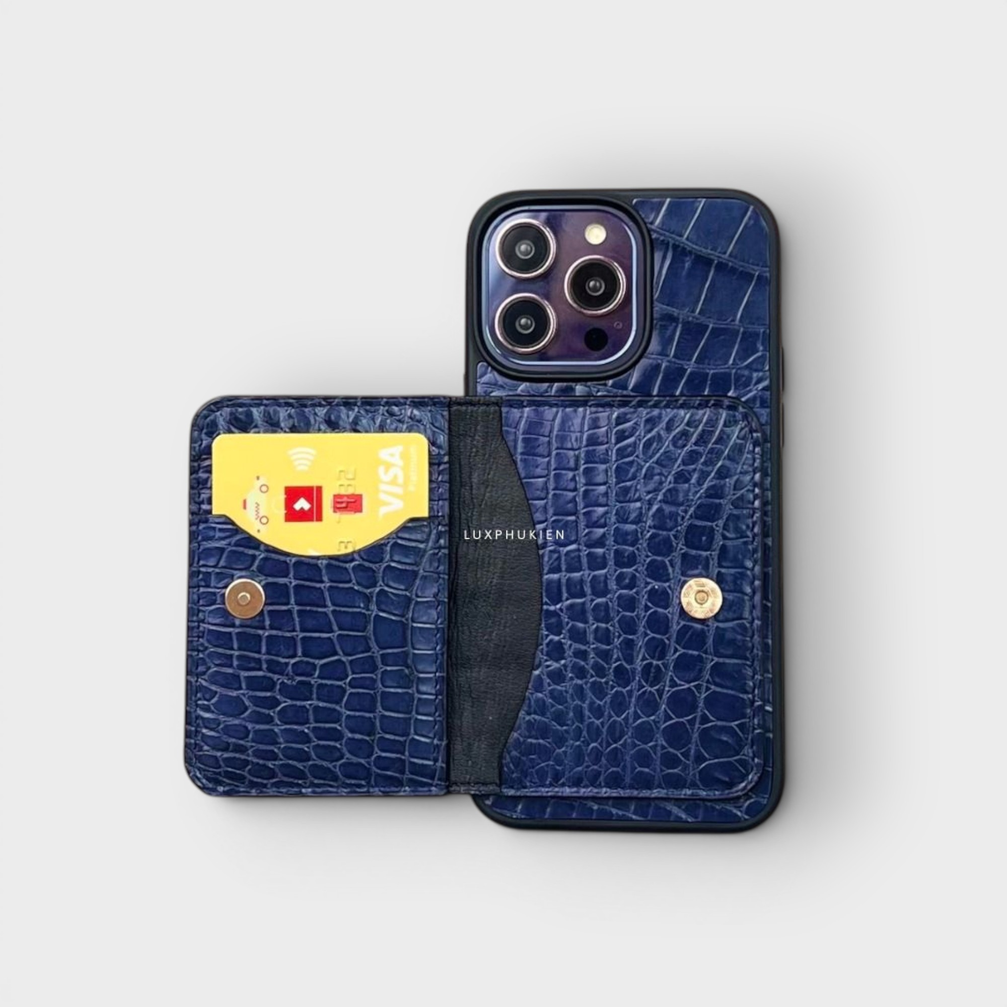 LS0264 - Ốp da thủ công viền đen ví Mini - Cá sấu - CS2 Xanh navy - 15 Promax