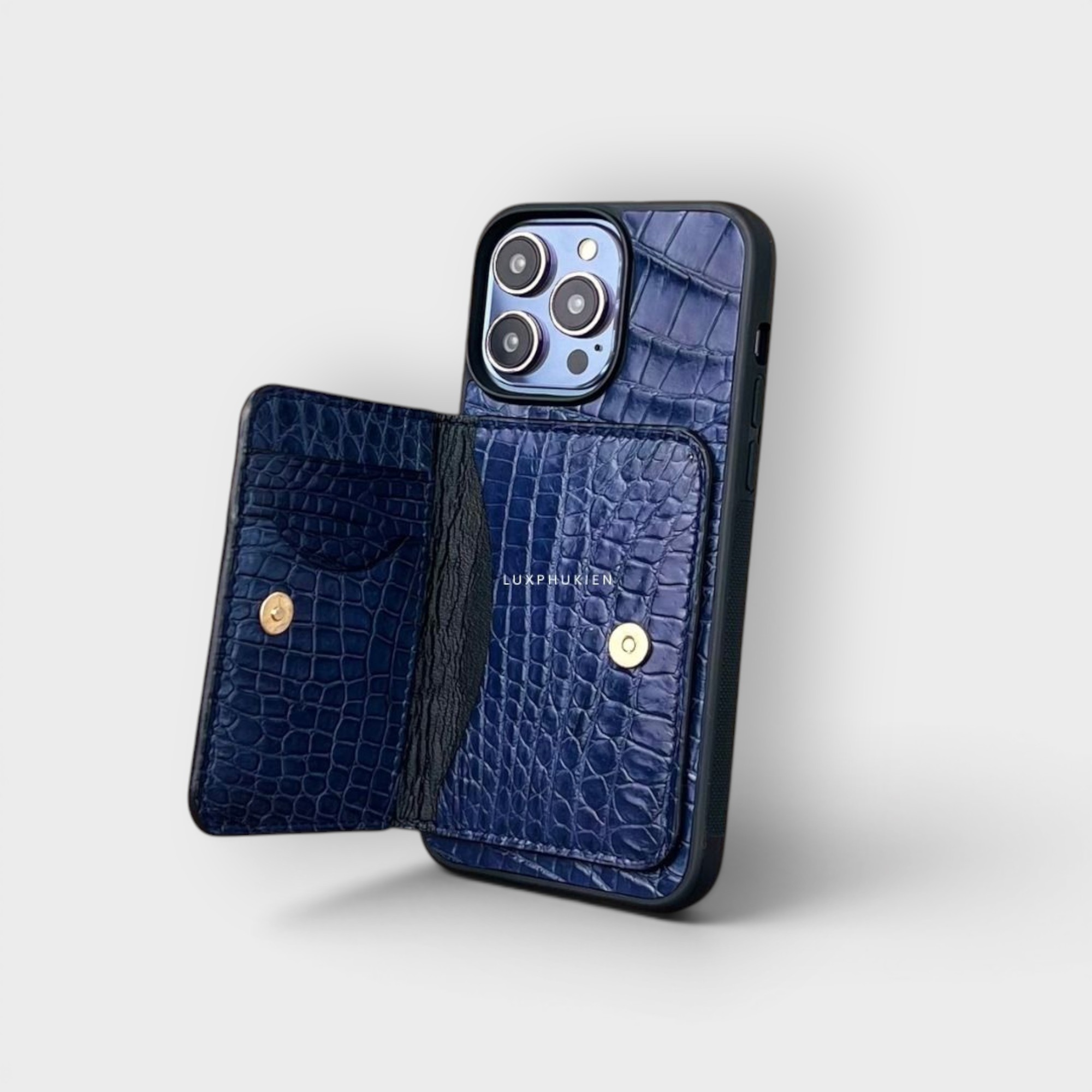LS0264 - Ốp da thủ công viền đen ví Mini - Cá sấu - CS2 Xanh navy - 15 Promax
