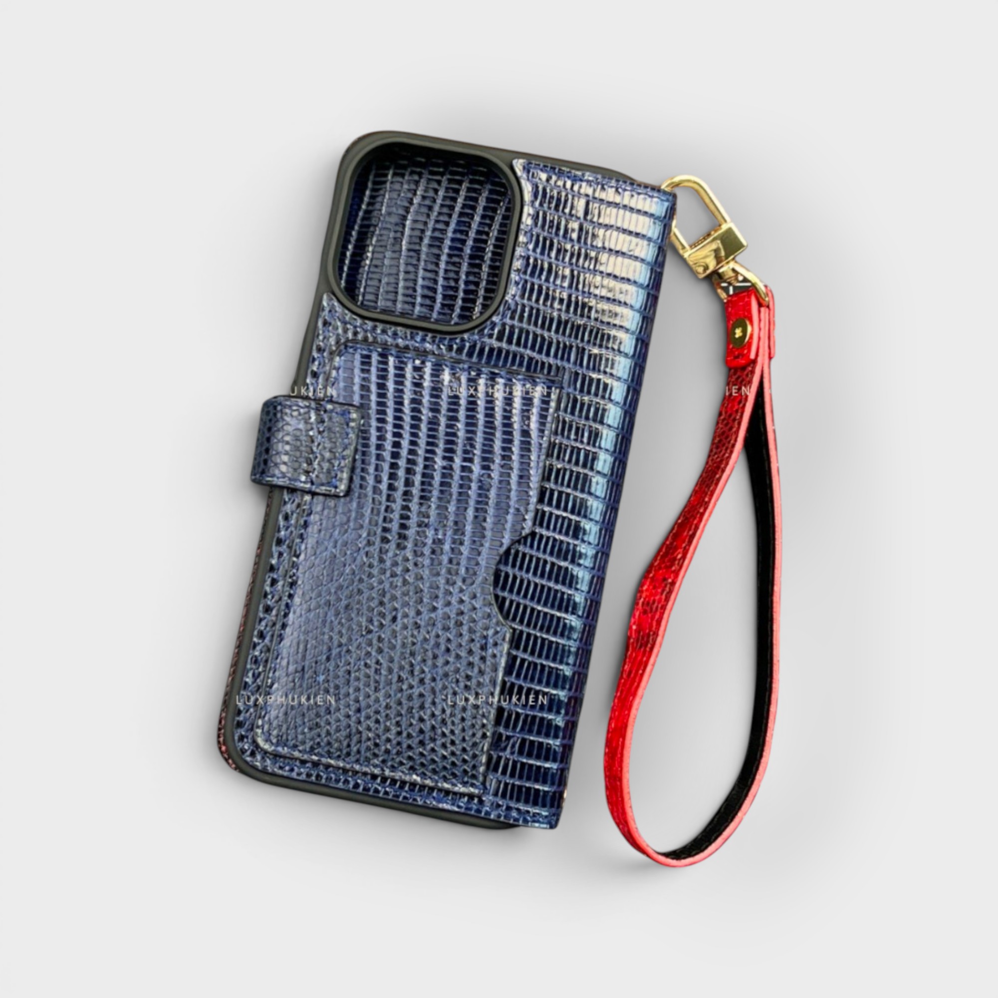 LS0272 - Bao da thủ công viền đen Flip kèm khe thẻ ngang quai cài kèm dây đeo - Kì đà - KĐ3 Xanh navy - 15 Promax