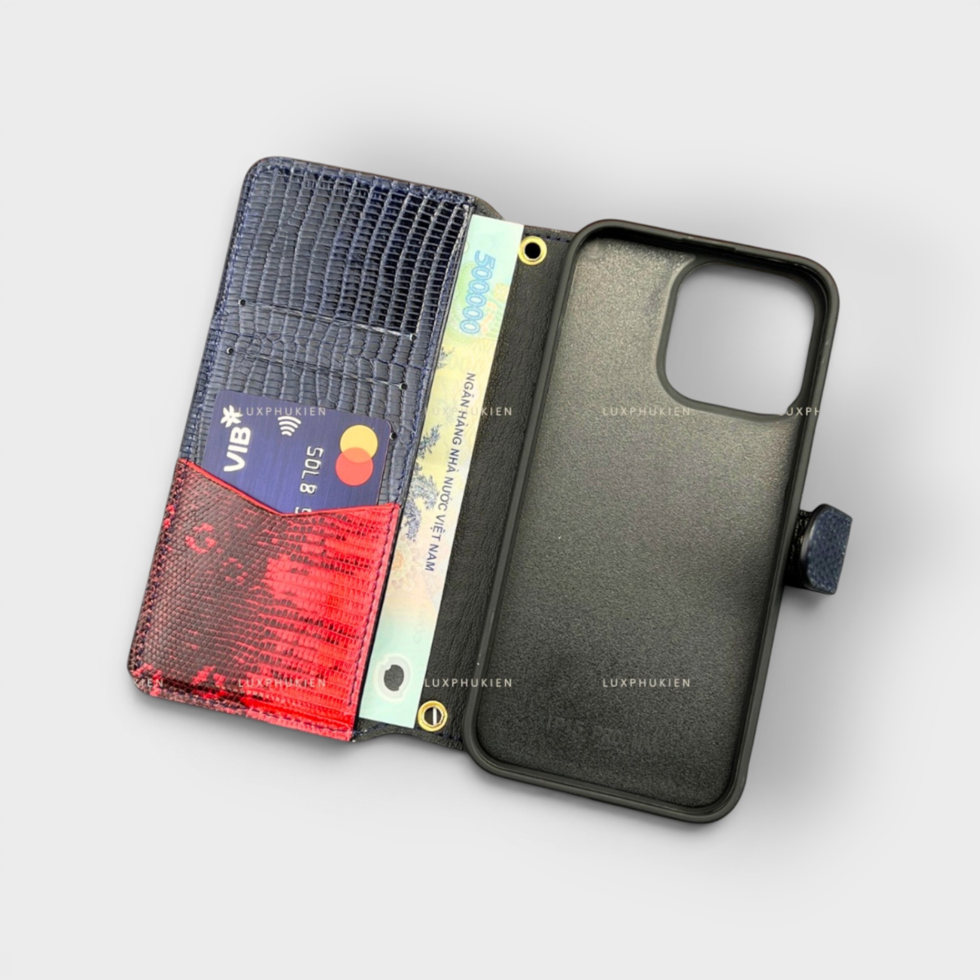 LS0272 - Bao da thủ công viền đen Flip kèm khe thẻ ngang quai cài kèm dây đeo - Kì đà - KĐ3 Xanh navy - 15 Promax