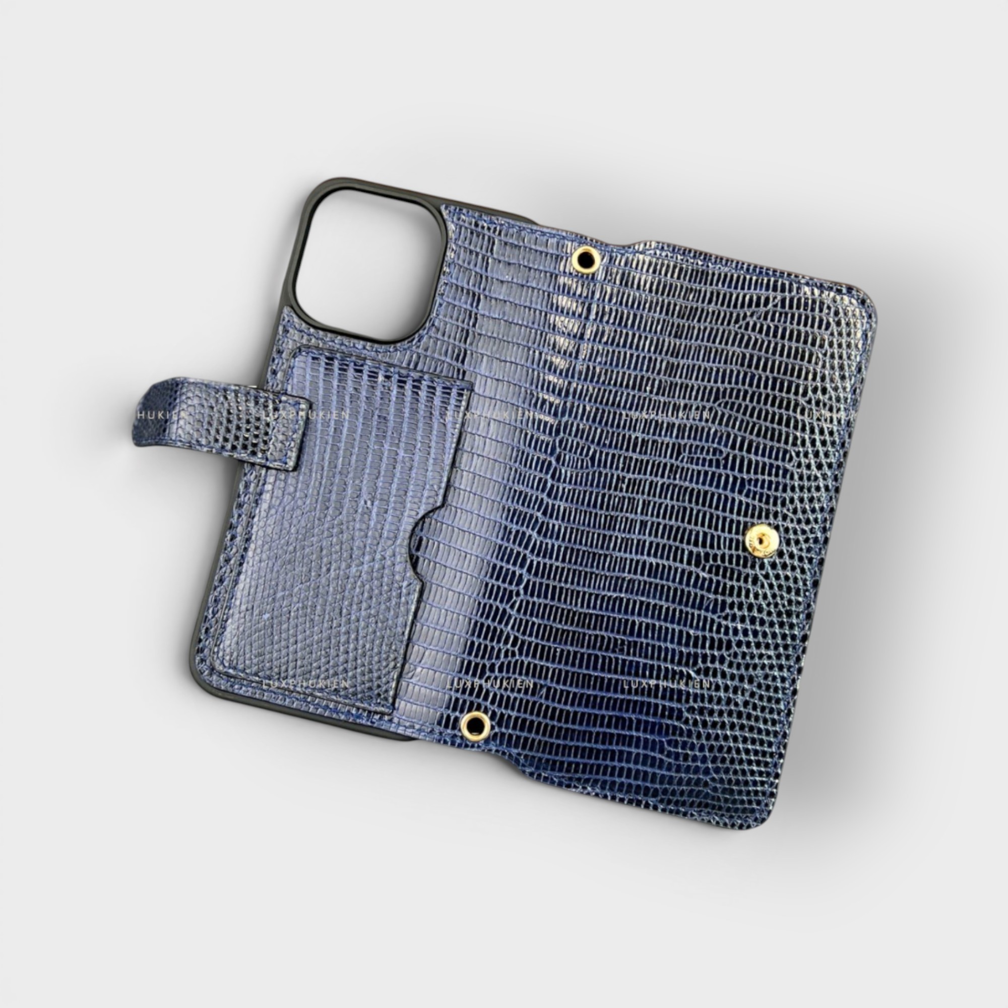 LS0272 - Bao da thủ công viền đen Flip kèm khe thẻ ngang quai cài kèm dây đeo - Kì đà - KĐ3 Xanh navy - 15 Promax