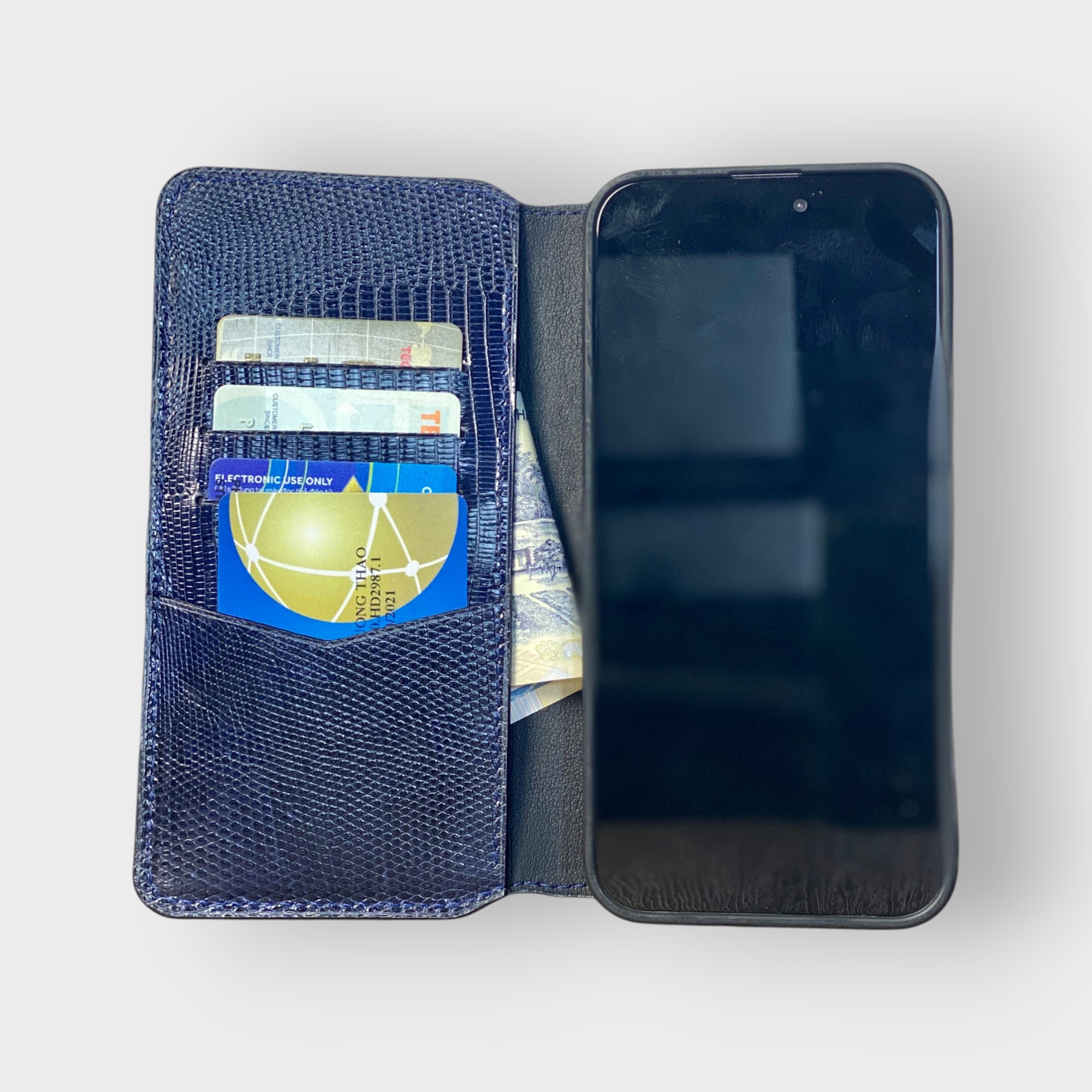 LS0279 - Bao da thủ công viền đen Flip - Kì đà - KĐ3 Xanh navy - 15 Promax