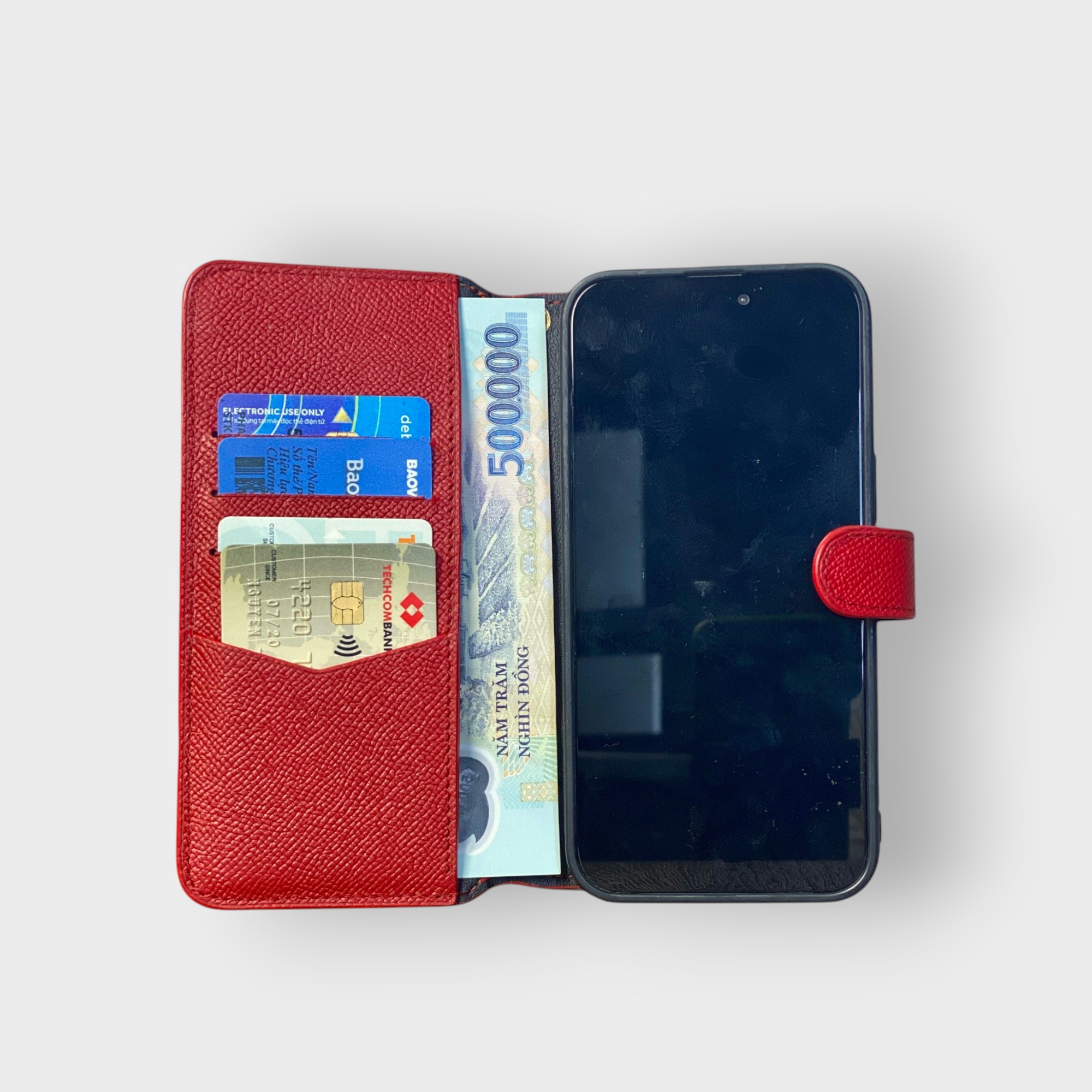 LS0282 - Bao da thủ công viền đen Flip Lush ngăn khoá kéo quai cài kèm dây đeo - Epsom - E9 Đỏ đô - 15 Promax