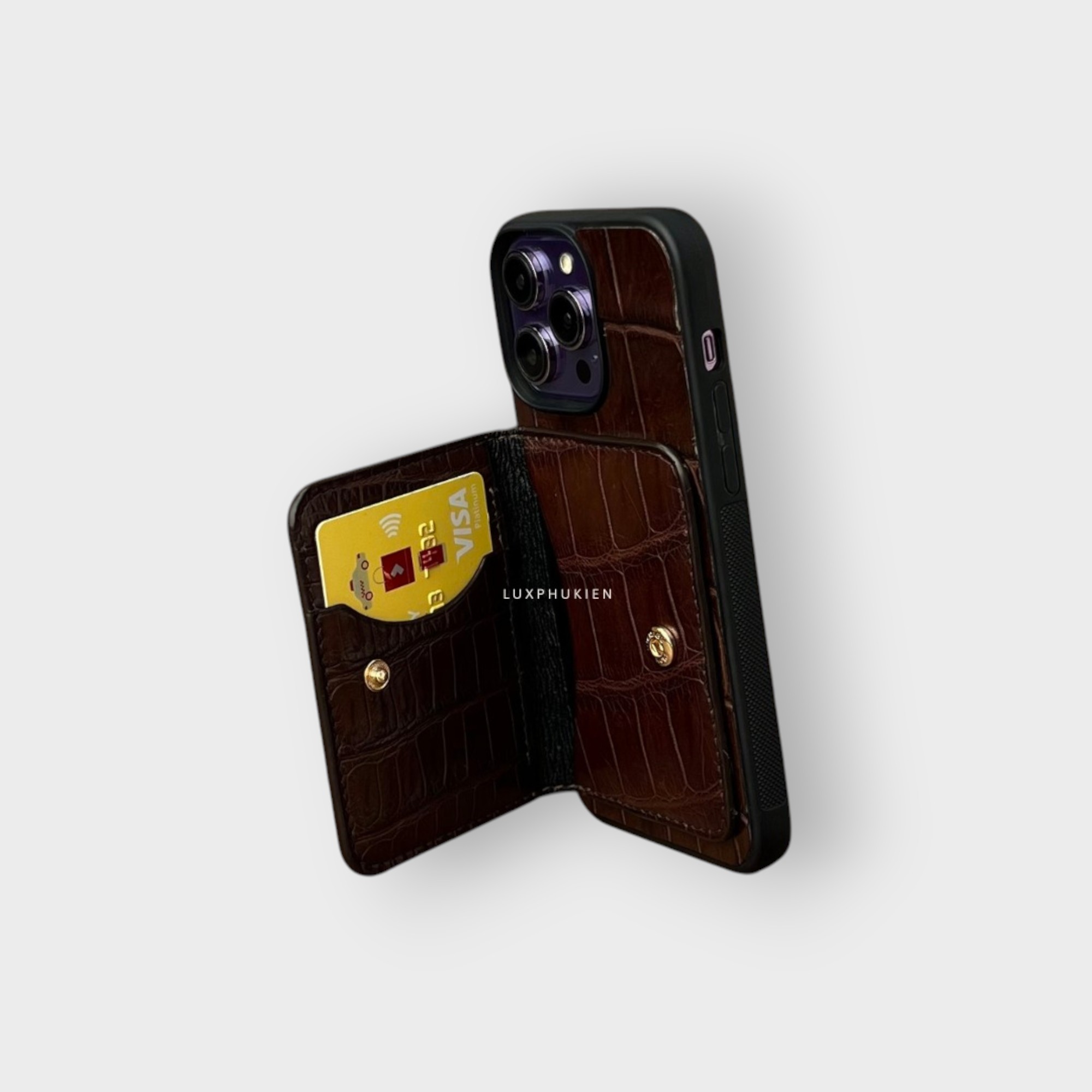 LS0286 - Ốp da thủ công viền đen ví Mini - Cá sấu - CS4 Nâu cafe - 15 Pro