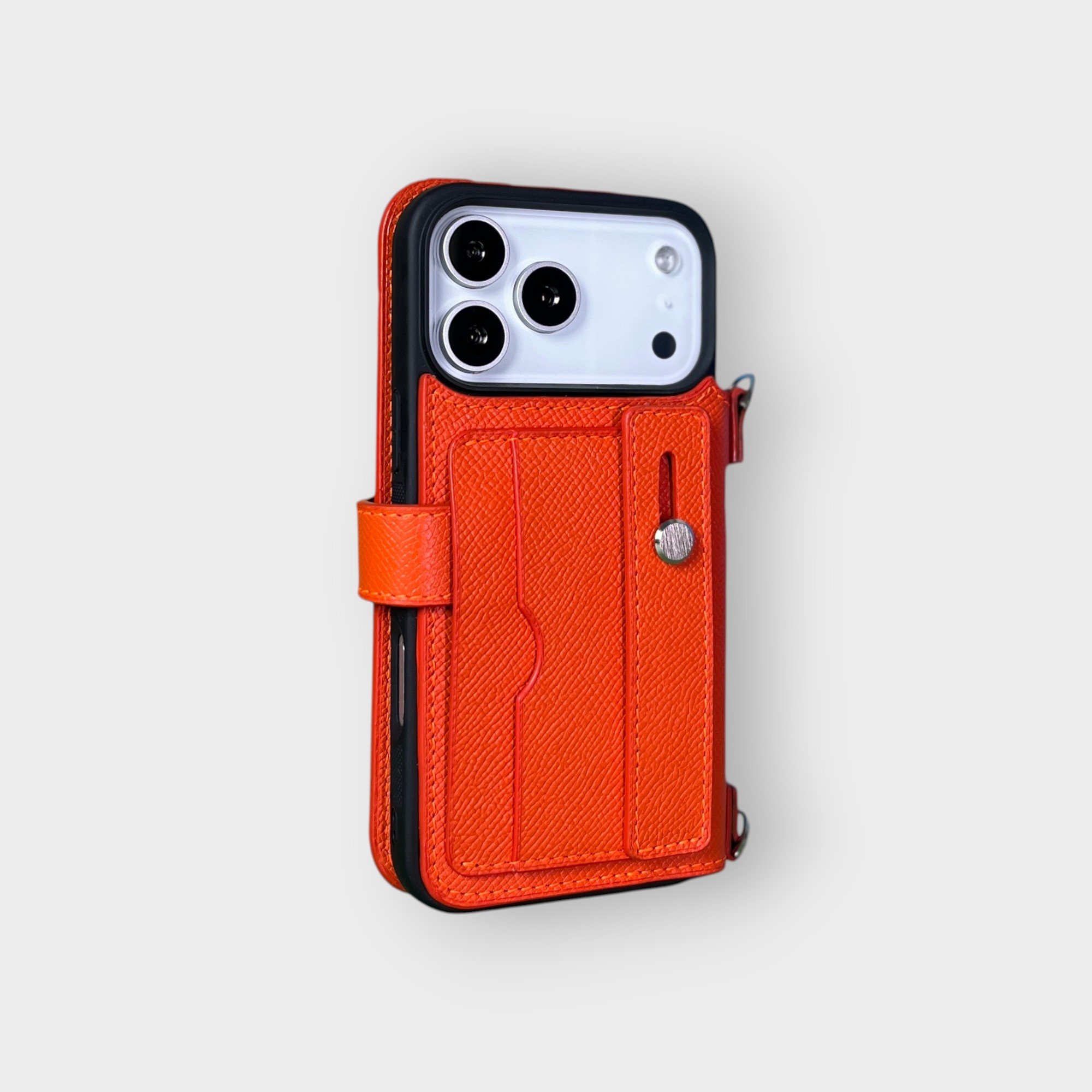 LS0288 - Bao da thủ công viền đen Flip kèm khe thẻ handtsrap quai cài kèm dây đeo - Epsom - E11 Cam - 17 Pro