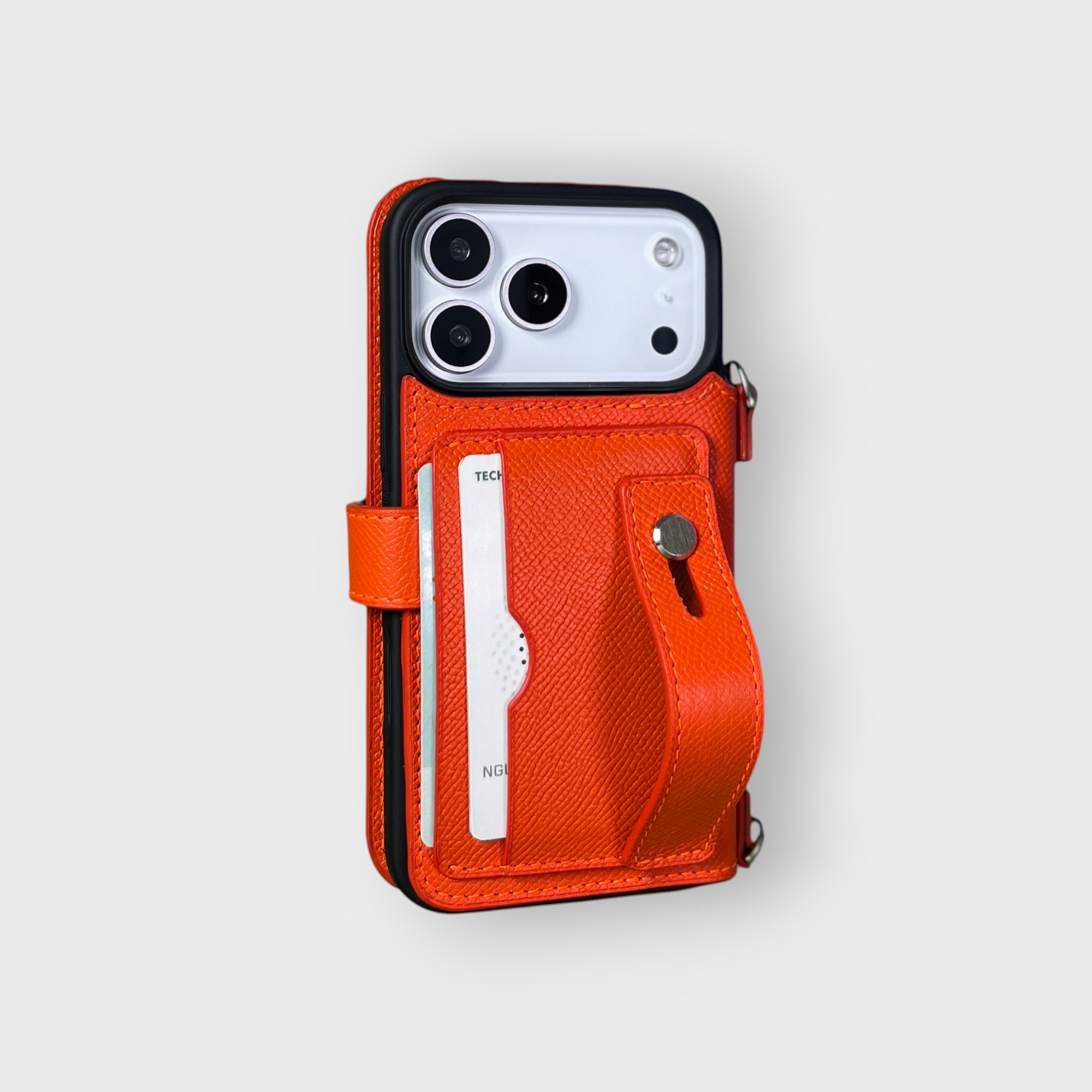 LS0288 - Bao da thủ công viền đen Flip kèm khe thẻ handtsrap quai cài kèm dây đeo - Epsom - E11 Cam - 17 Pro