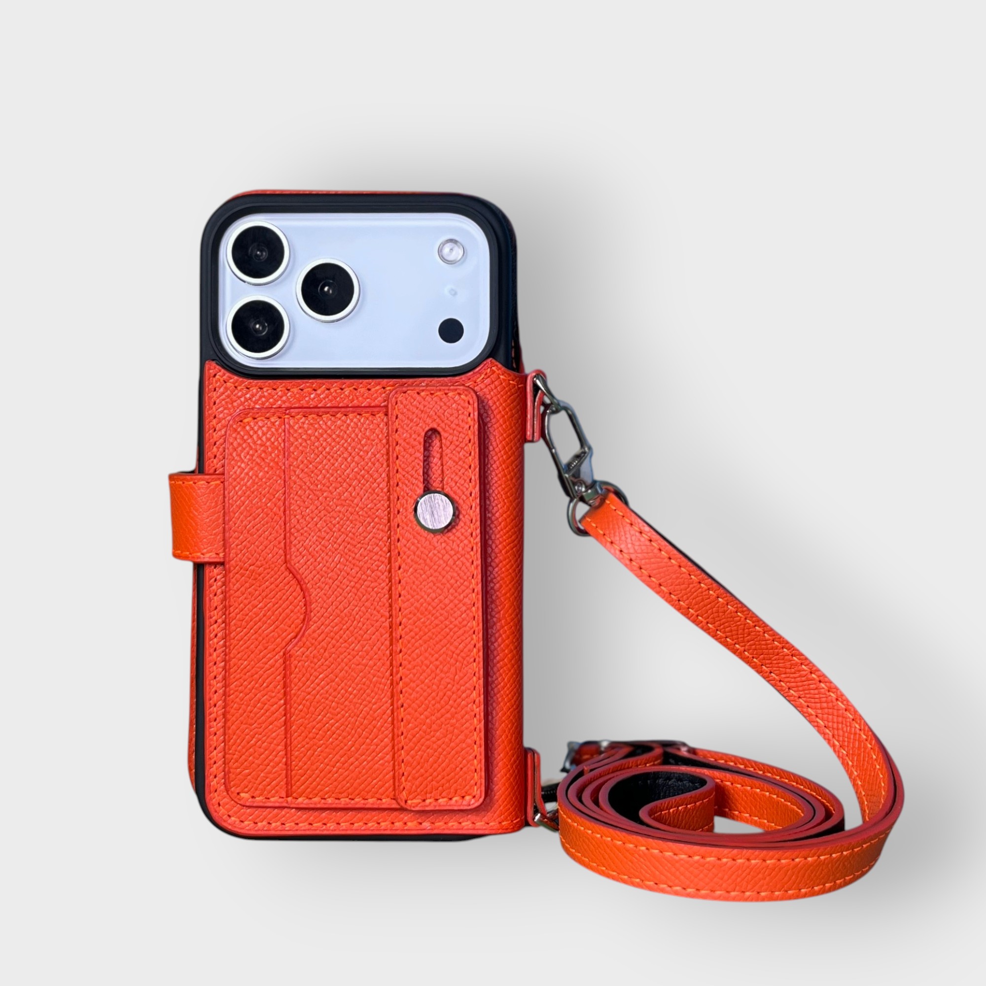 LS0288 - Bao da thủ công viền đen Flip kèm khe thẻ handtsrap quai cài kèm dây đeo - Epsom - E11 Cam - 17 Pro