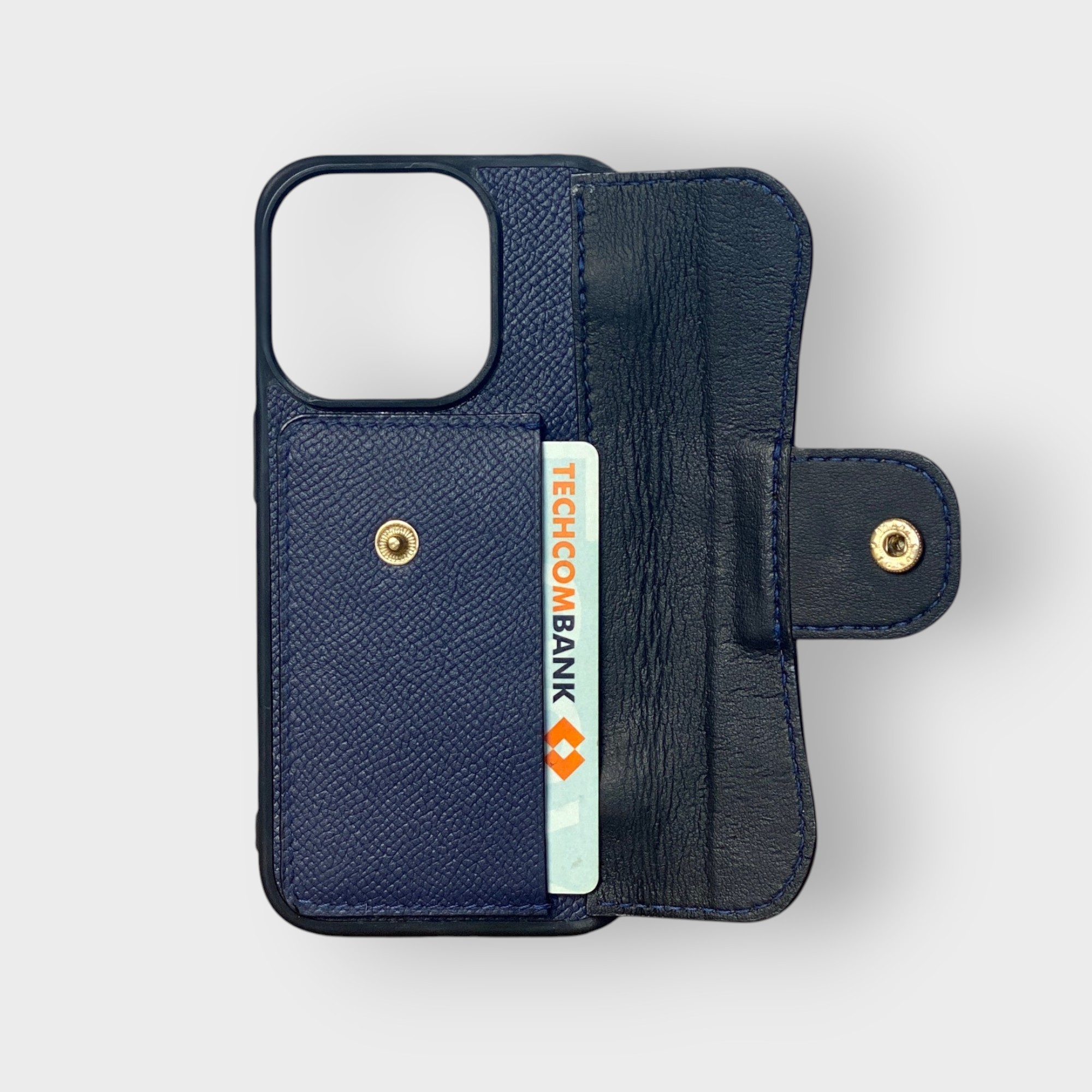 LS0292 - Ốp da thủ công viền đen khe thẻ nắp Celina kèm dây đeo ngang - Epsom - E3 Xanh navy - 15 Pro