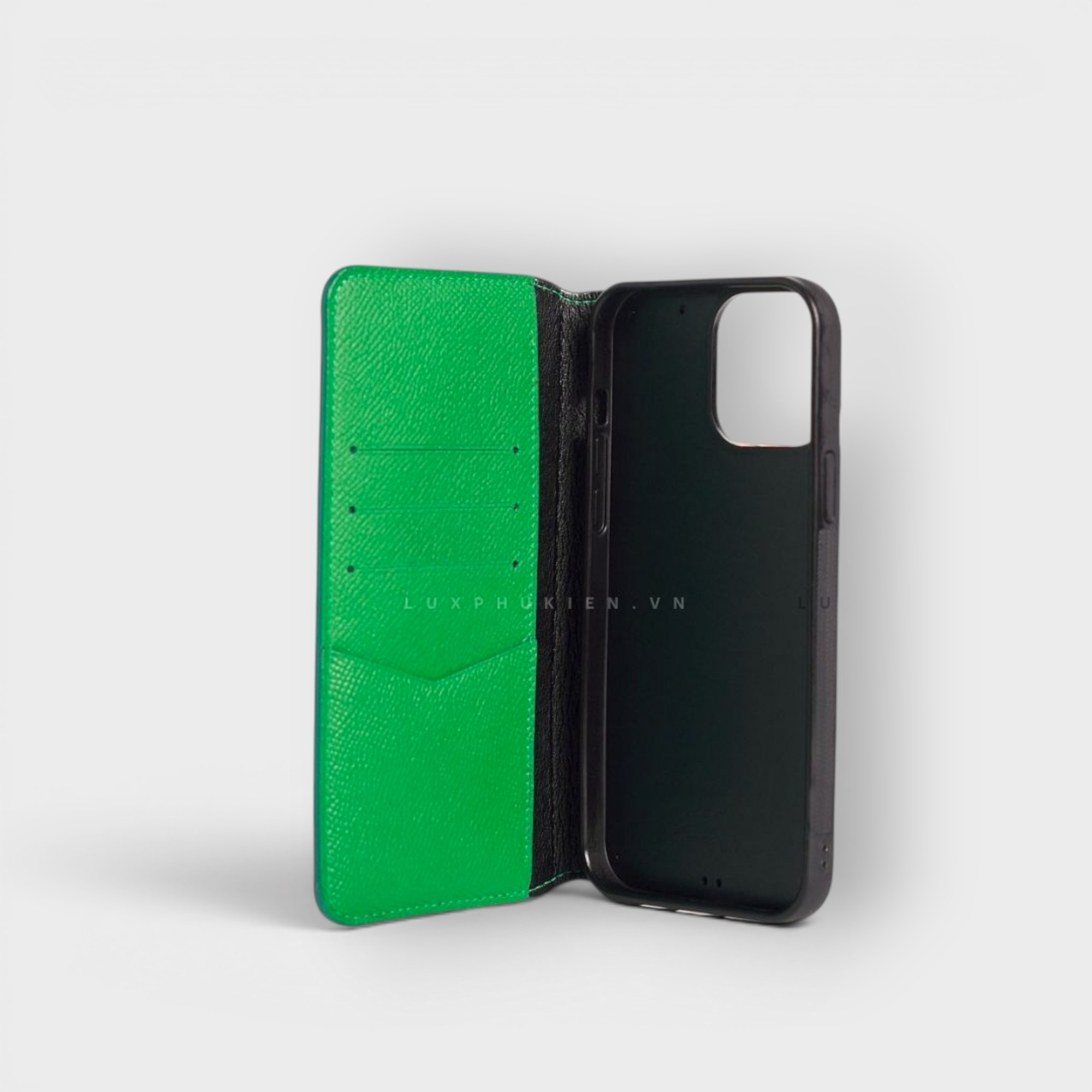 LS0294 - Bao da thủ công viền đen Flip - Epsom - E7 Xanh lá - 15 Pro