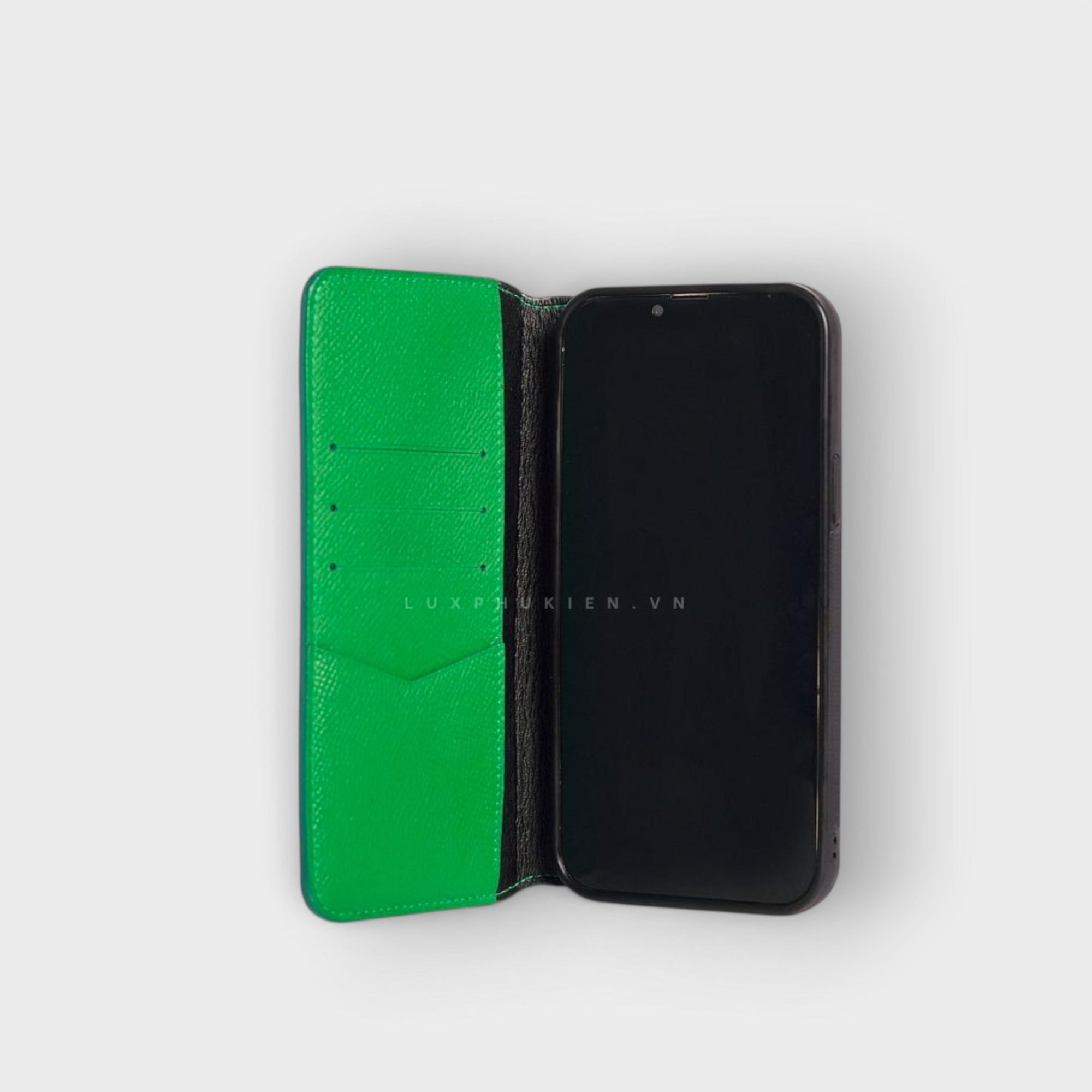LS0294 - Bao da thủ công viền đen Flip - Epsom - E7 Xanh lá - 15 Pro