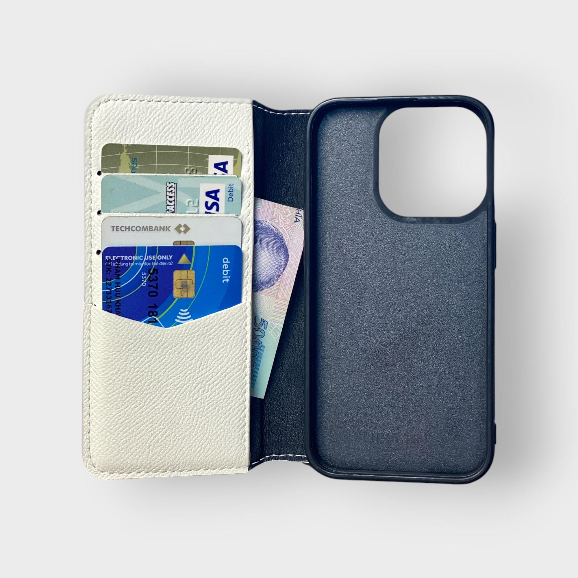 LS0295 - Bao da thủ công viền đen Flip - Epsom - E20 Trắng - 15 Pro