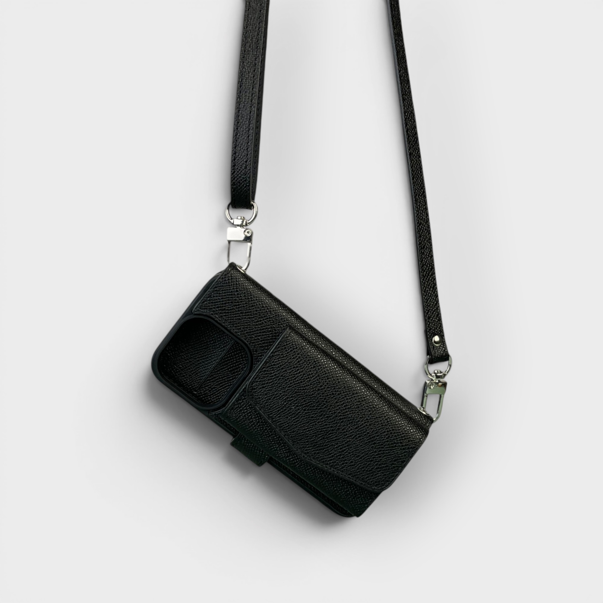 LS0305 - Bao da thủ công viền đen Flip kèm ví Zip quai cài kèm dây đeo - Epsom - E1 Đen - 15 Pro