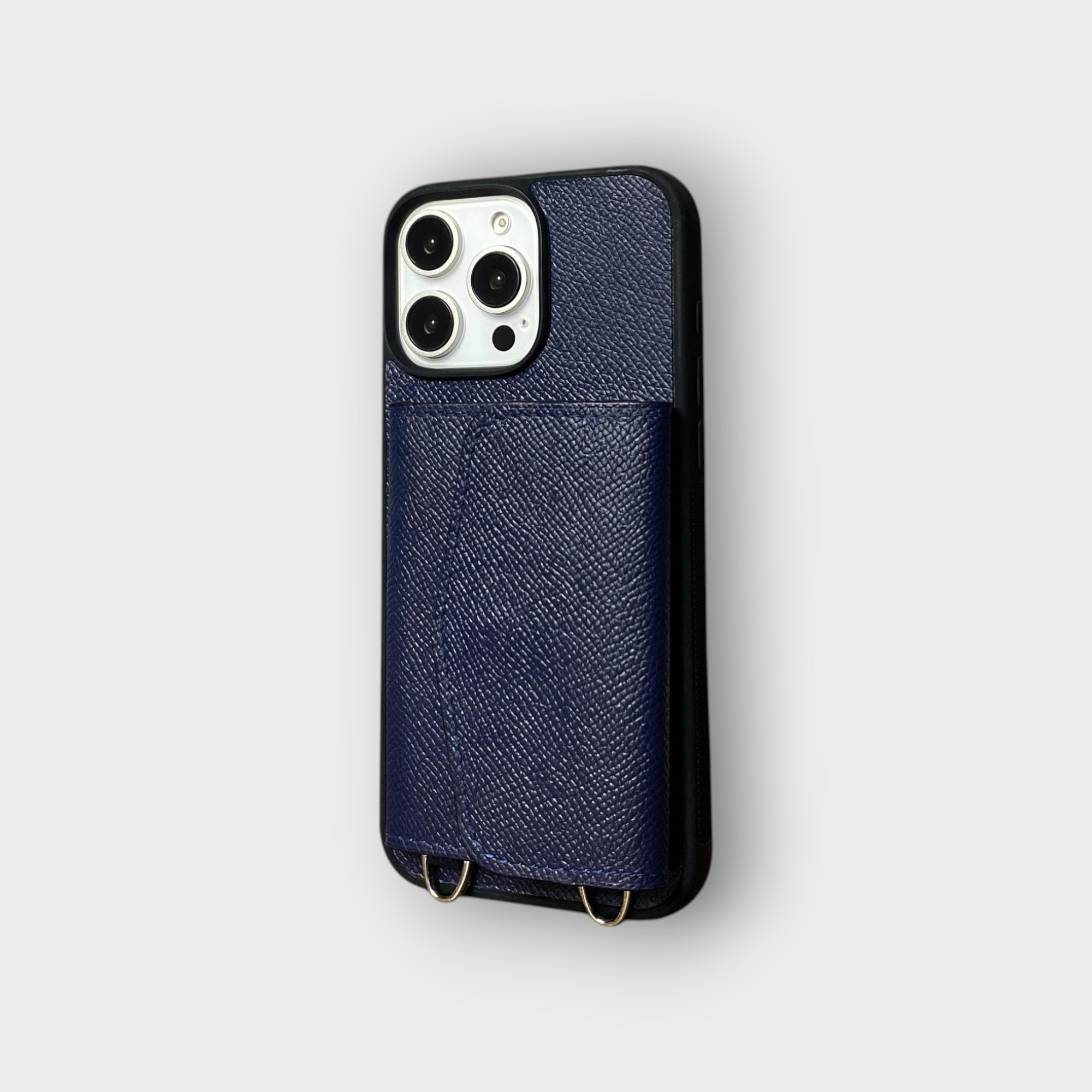 LS0313 - Ốp da thủ công viền đen ví Zip kèm dây đeo - Epsom - E3 Xanh navy - 16 Promax