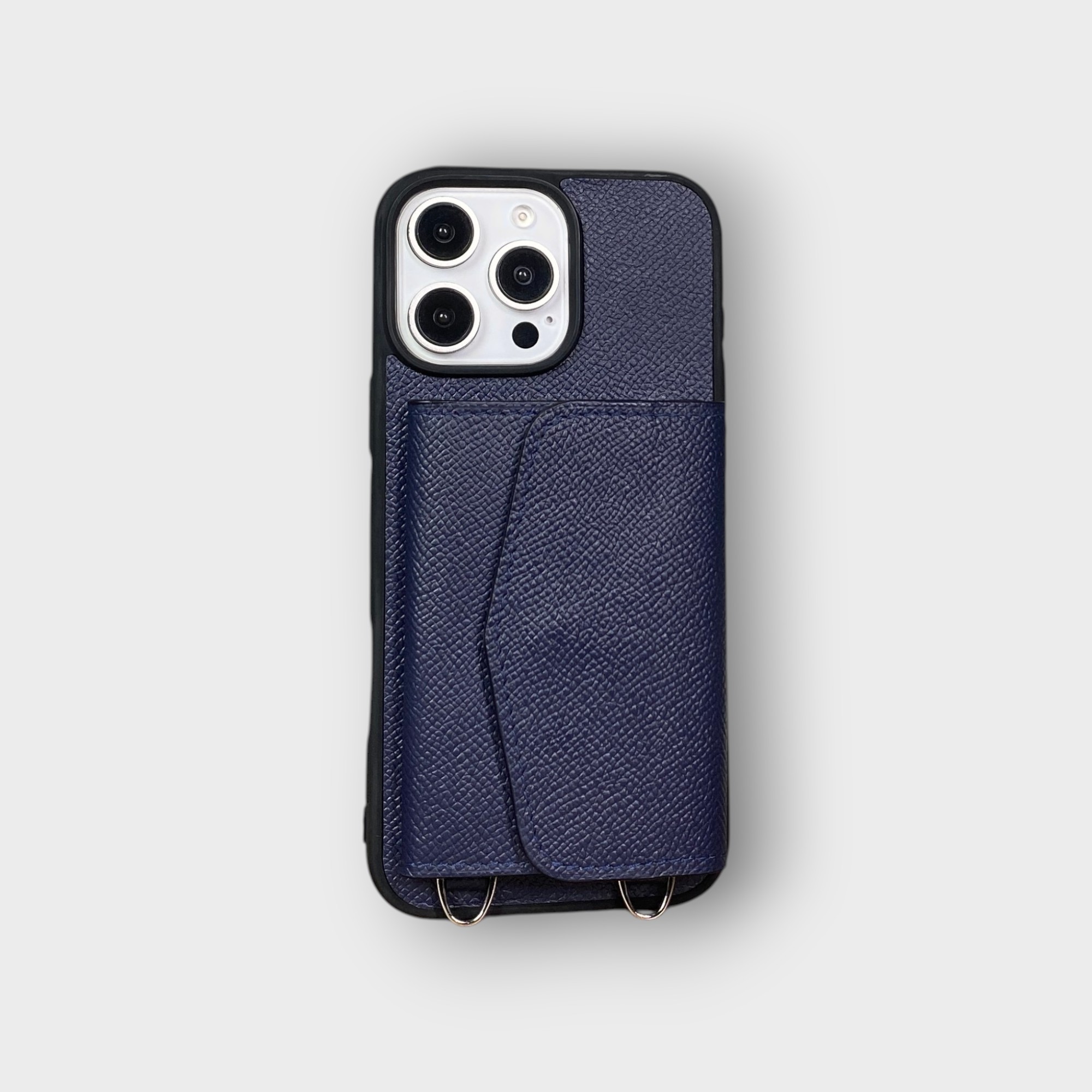 LS0313 - Ốp da thủ công viền đen ví Zip kèm dây đeo - Epsom - E3 Xanh navy - 16 Promax