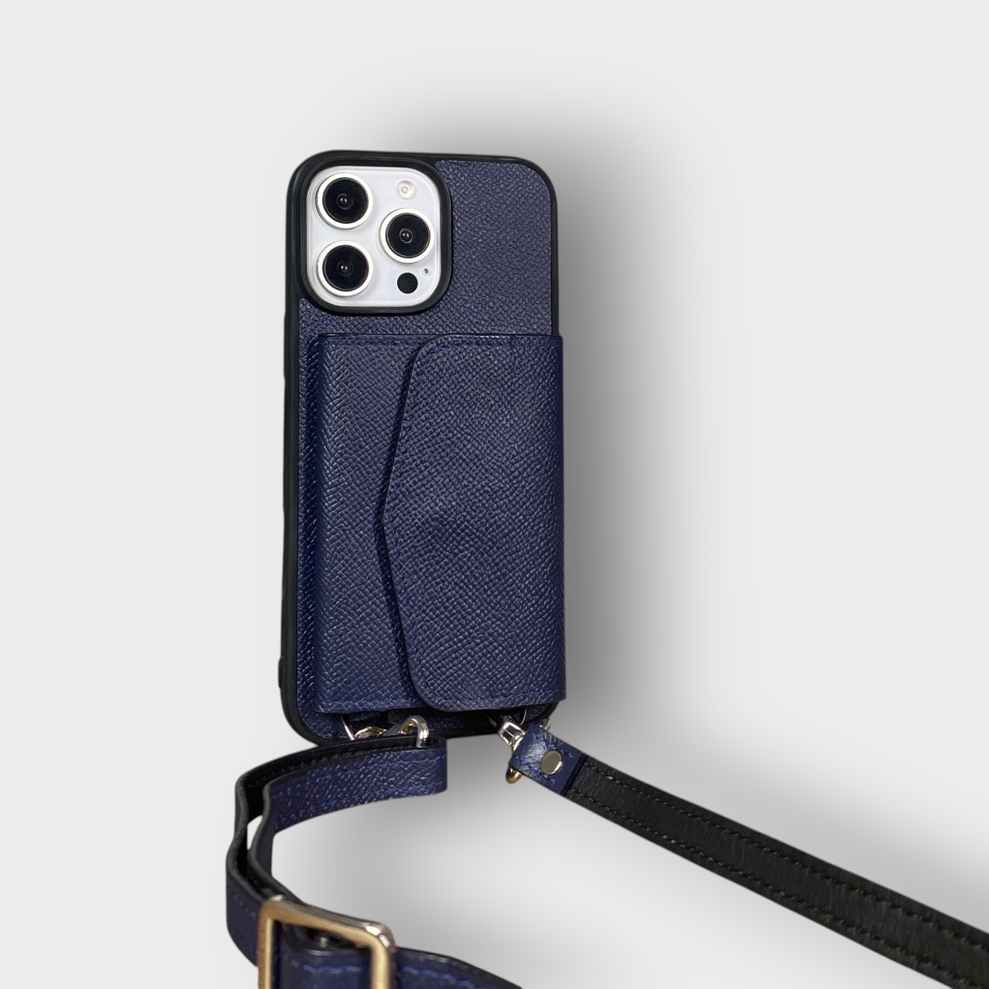LS0313 - Ốp da thủ công viền đen ví Zip kèm dây đeo - Epsom - E3 Xanh navy - 16 Promax