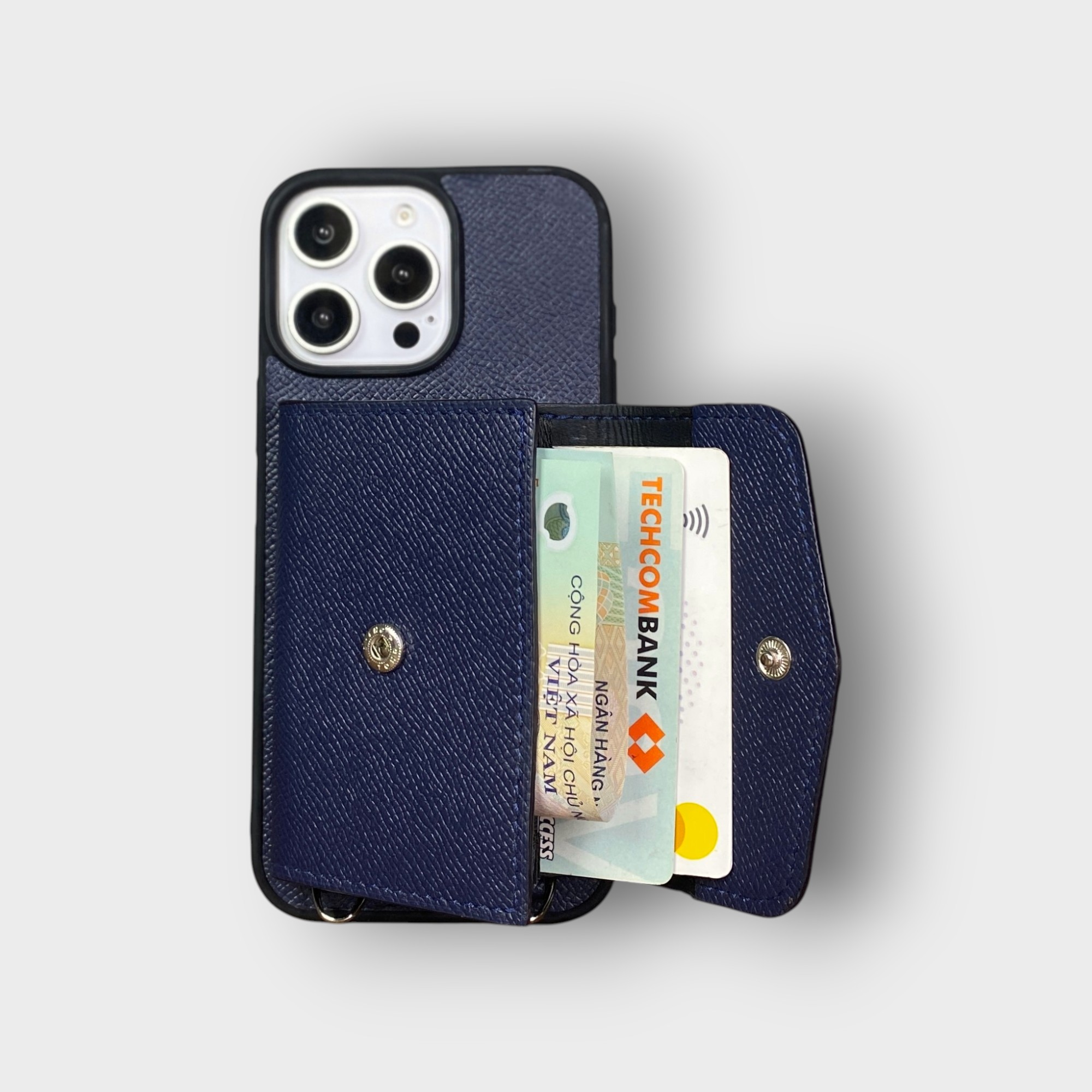 LS0313 - Ốp da thủ công viền đen ví Zip kèm dây đeo - Epsom - E3 Xanh navy - 16 Promax