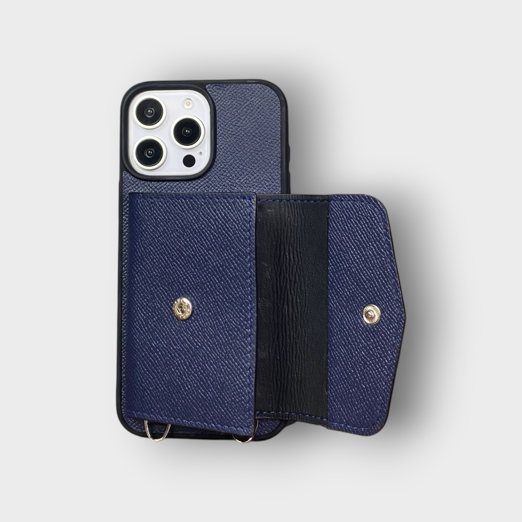 LS0313 - Ốp da thủ công viền đen ví Zip kèm dây đeo - Epsom - E3 Xanh navy - 16 Promax