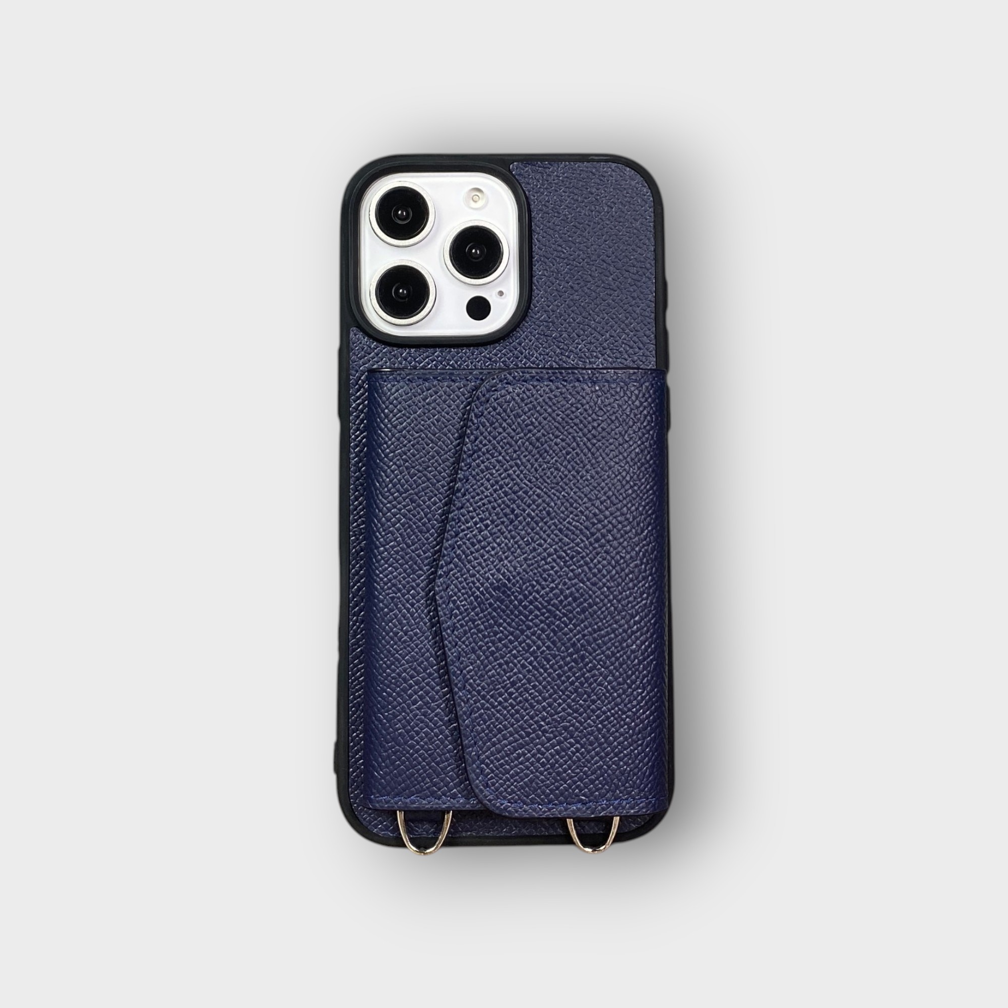 LS0313 - Ốp da thủ công viền đen ví Zip kèm dây đeo - Epsom - E3 Xanh navy - 16 Promax