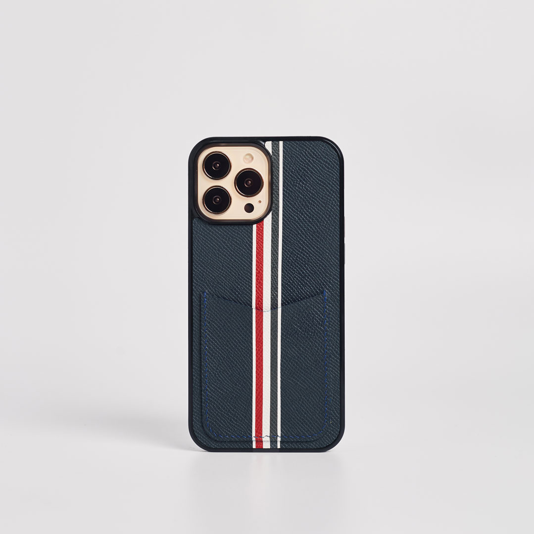 LS0345 - Ốp da thủ công viền đen Thom Browne khe thẻ dọc - Epsom - E3 Xanh navy - 16 Promax