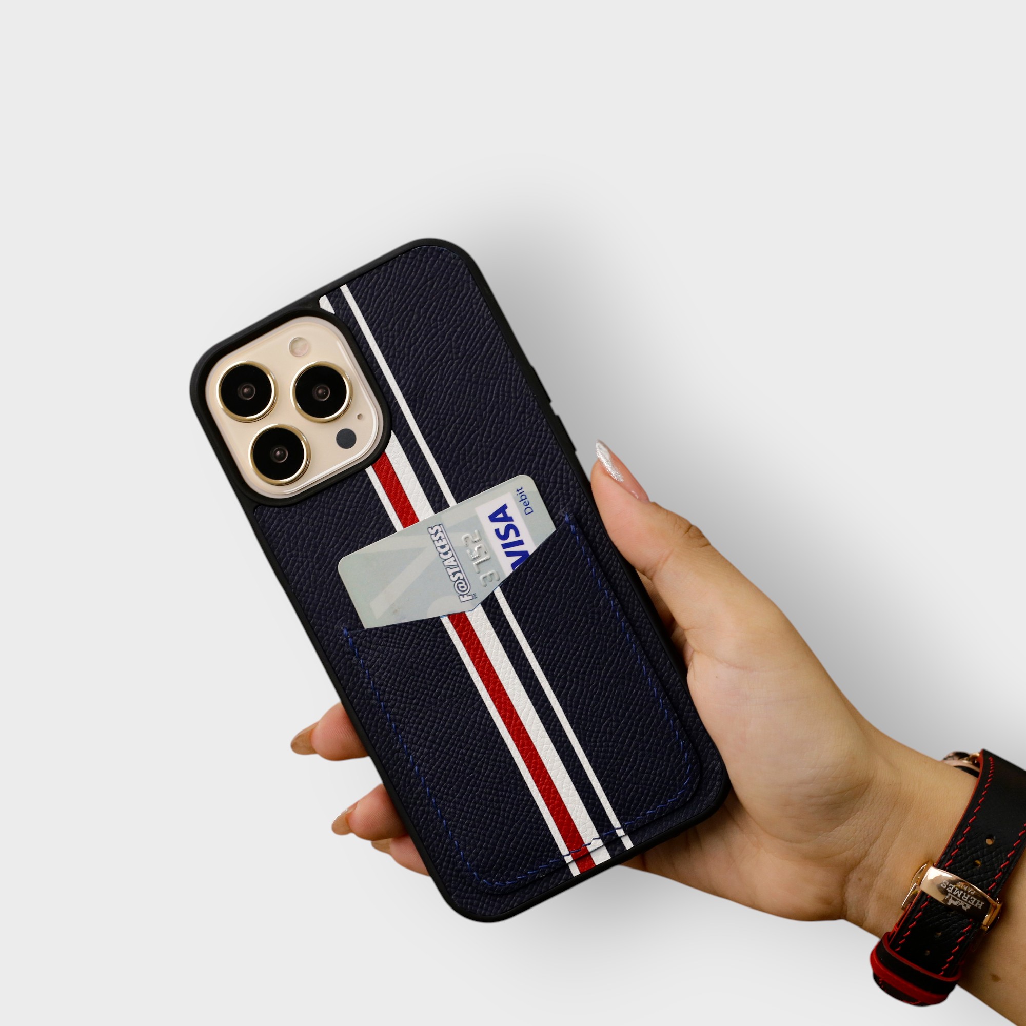 LS0345 - Ốp da thủ công viền đen Thom Browne khe thẻ dọc - Epsom - E3 Xanh navy - 16 Promax