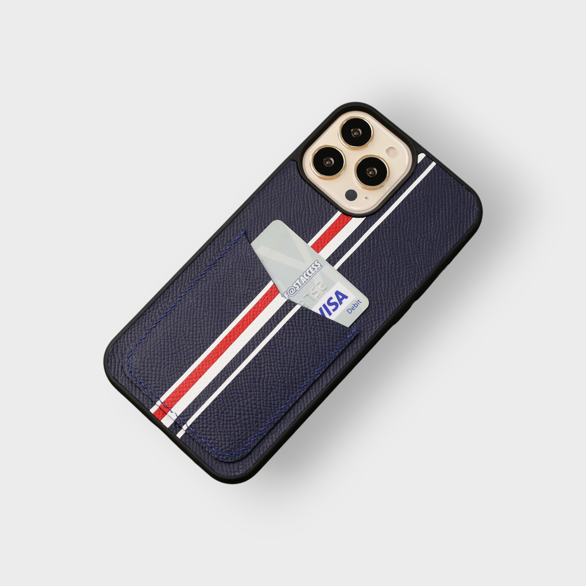 LS0345 - Ốp da thủ công viền đen Thom Browne khe thẻ dọc - Epsom - E3 Xanh navy - 16 Promax