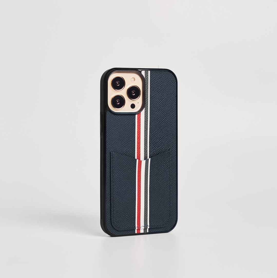 LS0345 - Ốp da thủ công viền đen Thom Browne khe thẻ dọc - Epsom - E3 Xanh navy - 16 Promax