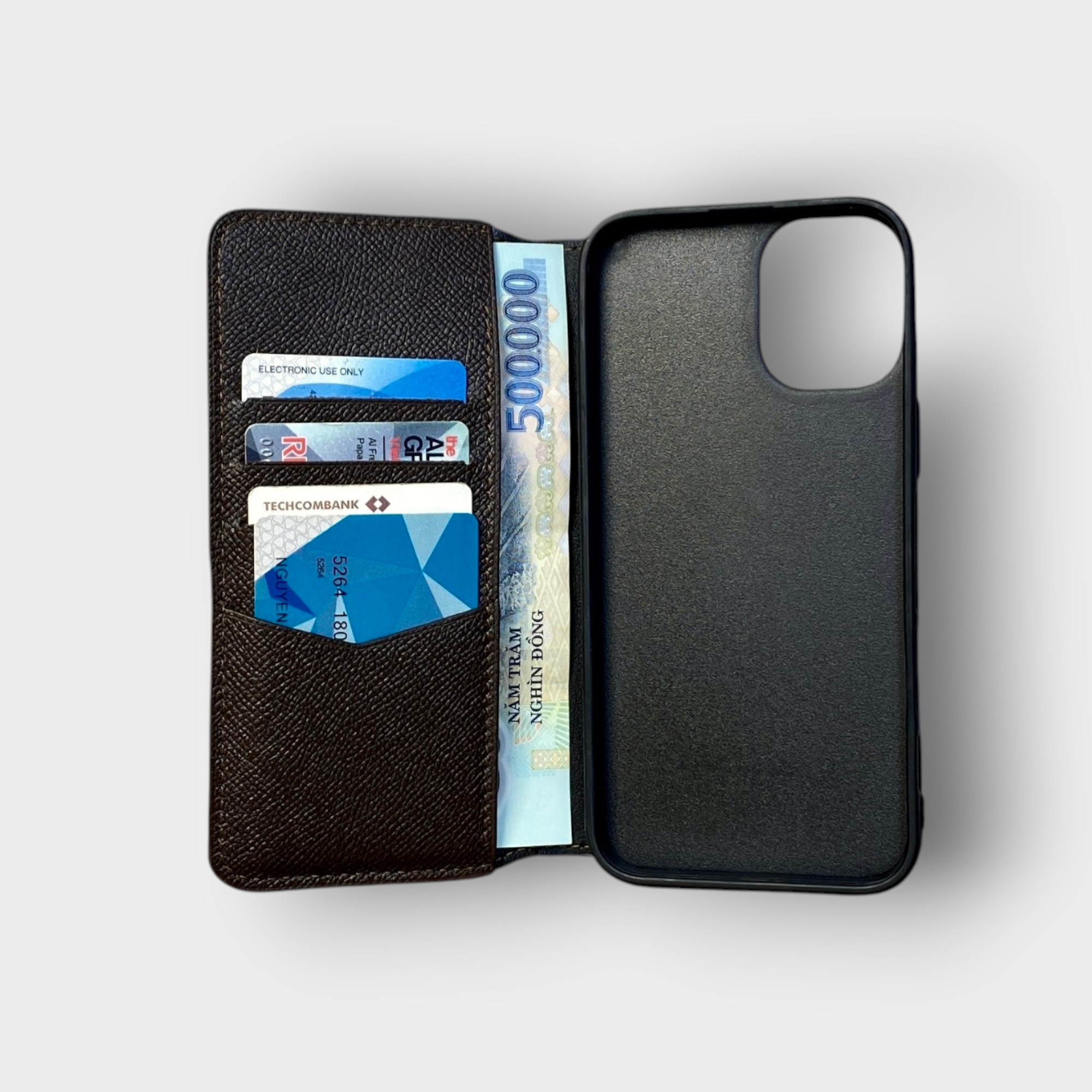 LS0357 - Bao da thủ công viền đen Flip - Epsom - E2 Nâu cafe - 16 Plus