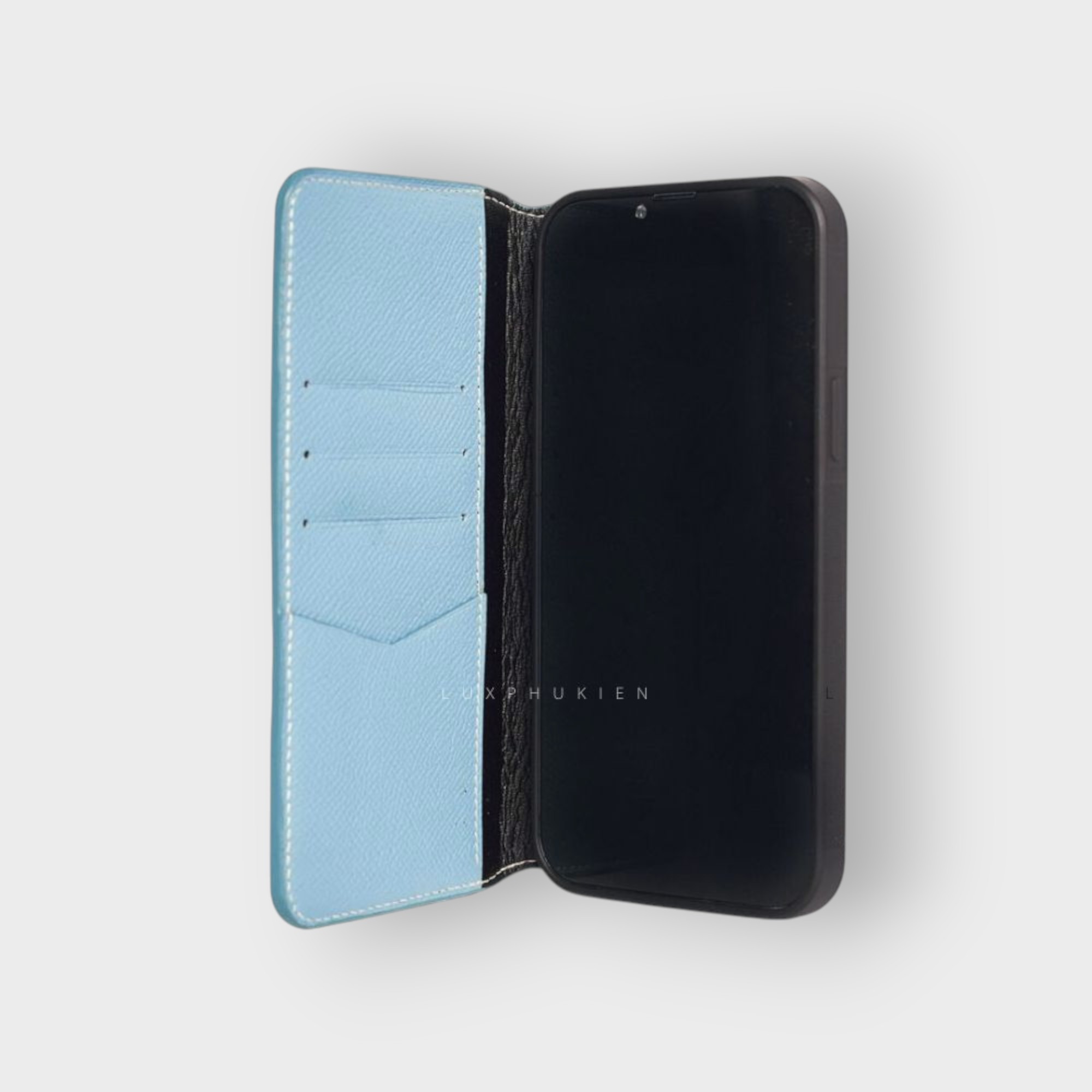 LS0359 - Bao da thủ công viền đen Flip - Epsom - E23 Xanh sierra - 15 Plus