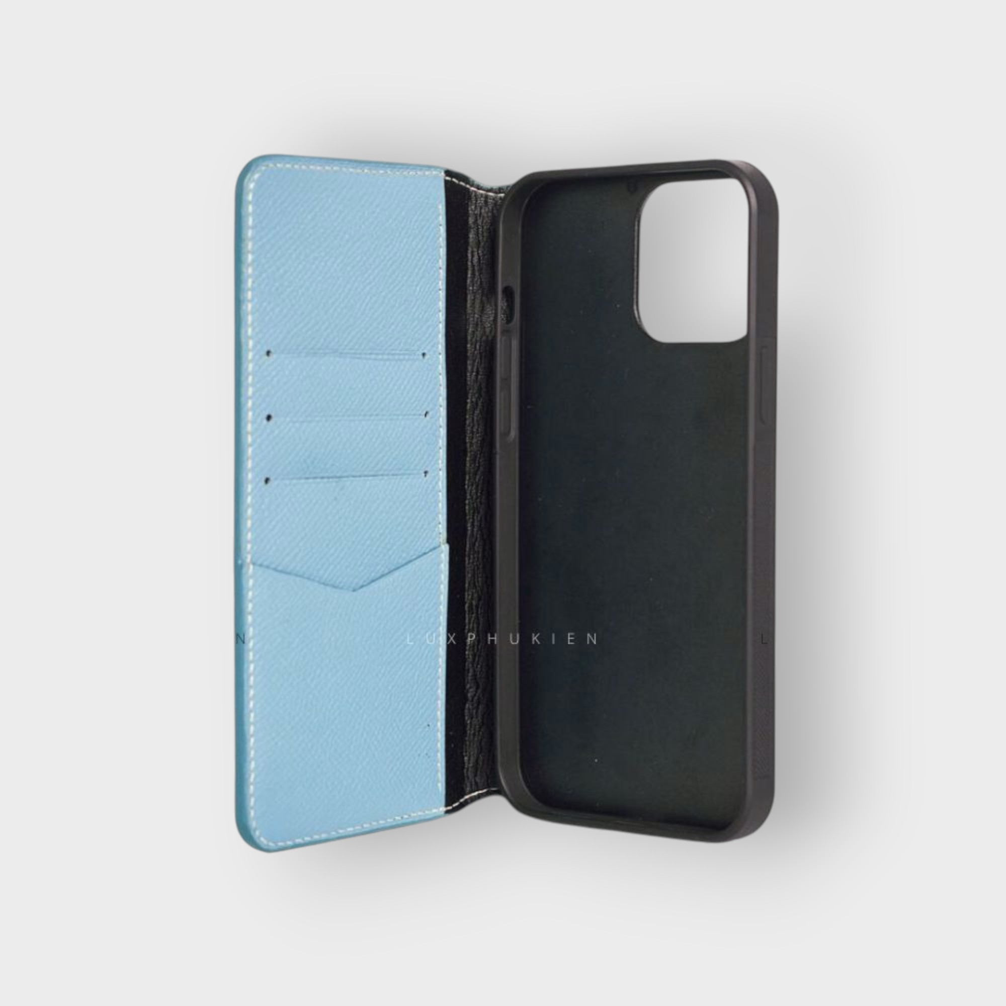 LS0359 - Bao da thủ công viền đen Flip - Epsom - E23 Xanh sierra - 15 Plus